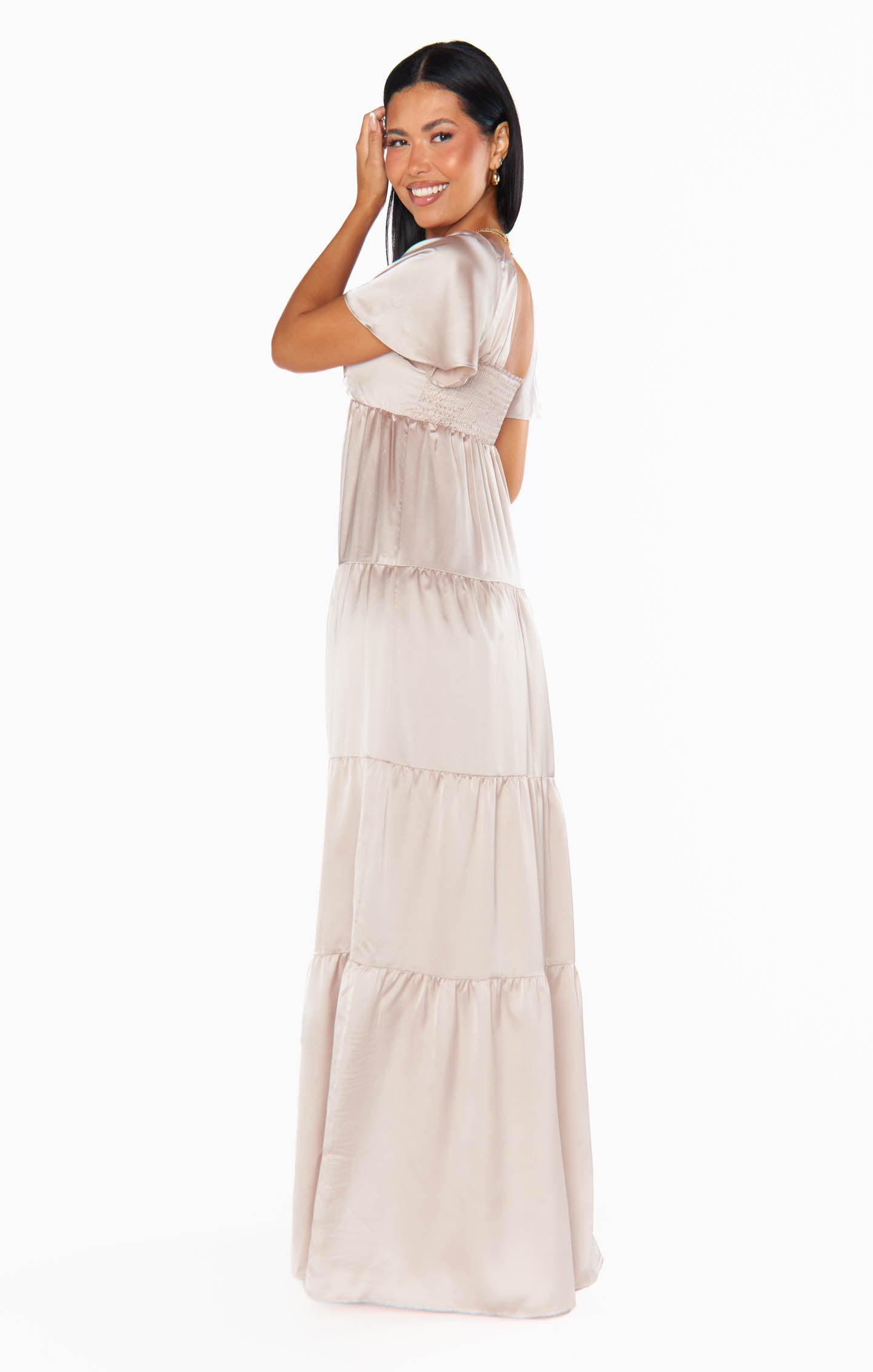Nicole Luxe Satin Maxi Dress with Smocked Back & Flutter Sleeves