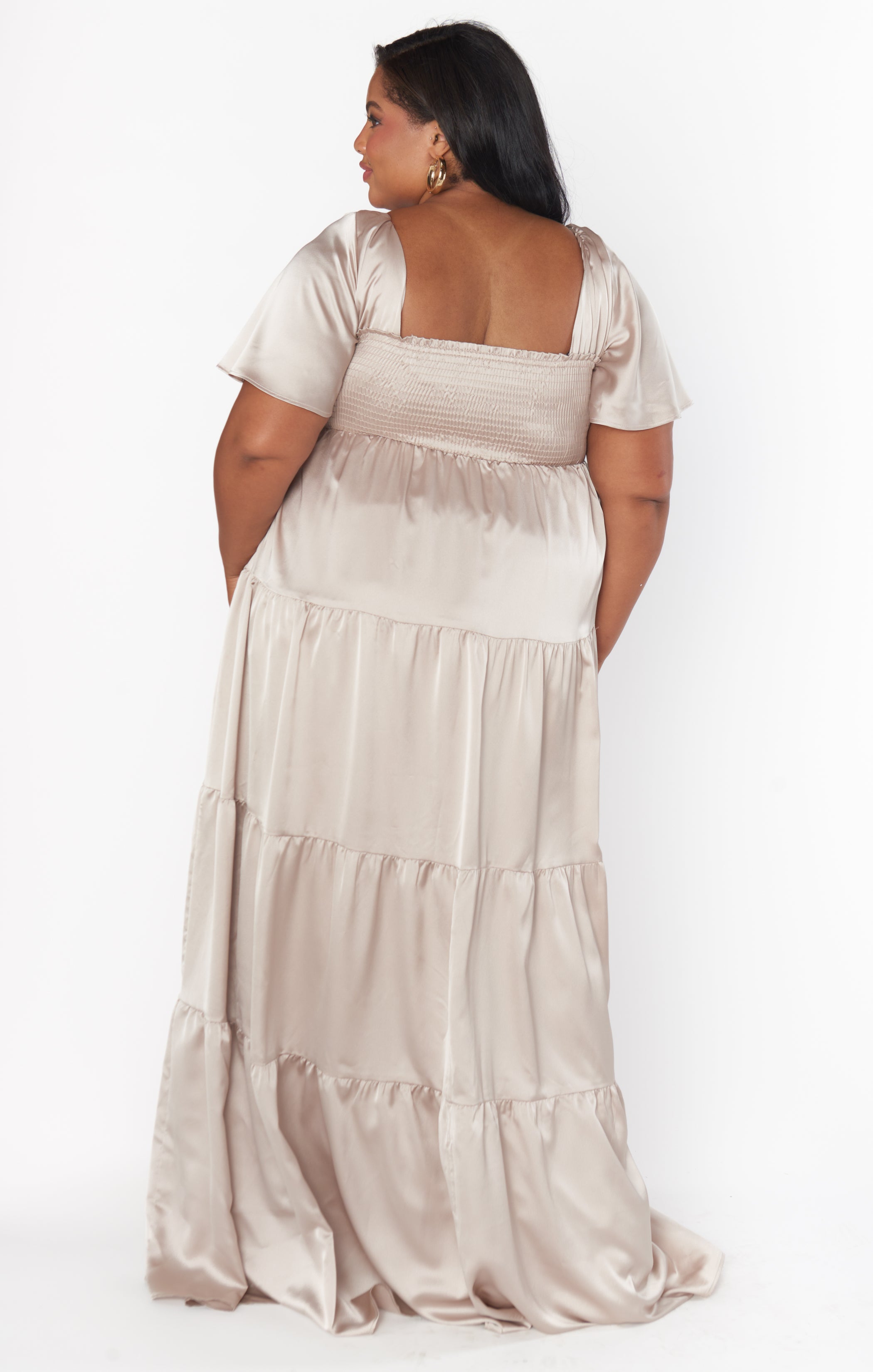 Nicole Luxe Satin Maxi Dress with Smocked Back & Flutter Sleeves