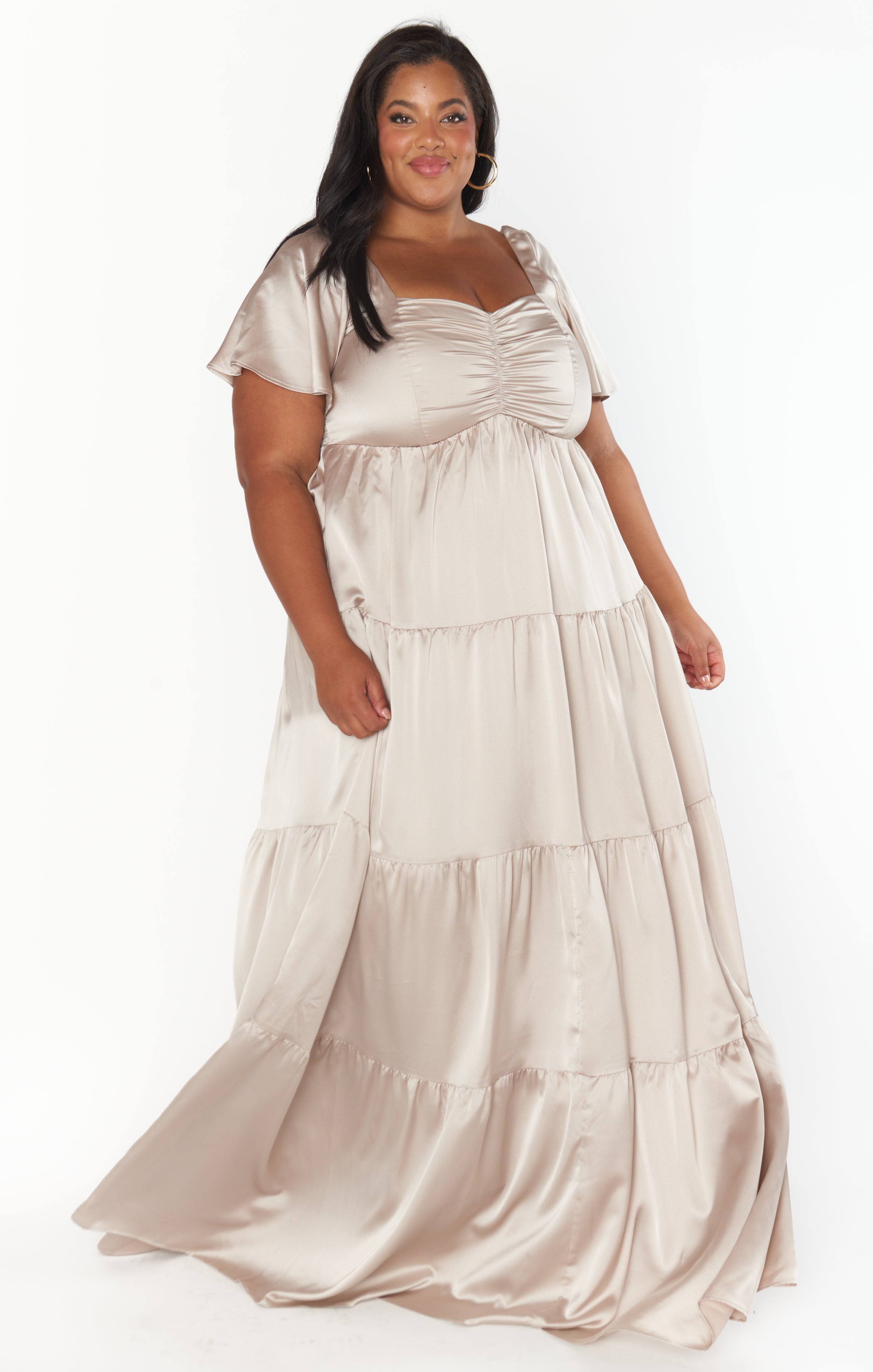 Nicole Luxe Satin Maxi Dress with Smocked Back & Flutter Sleeves