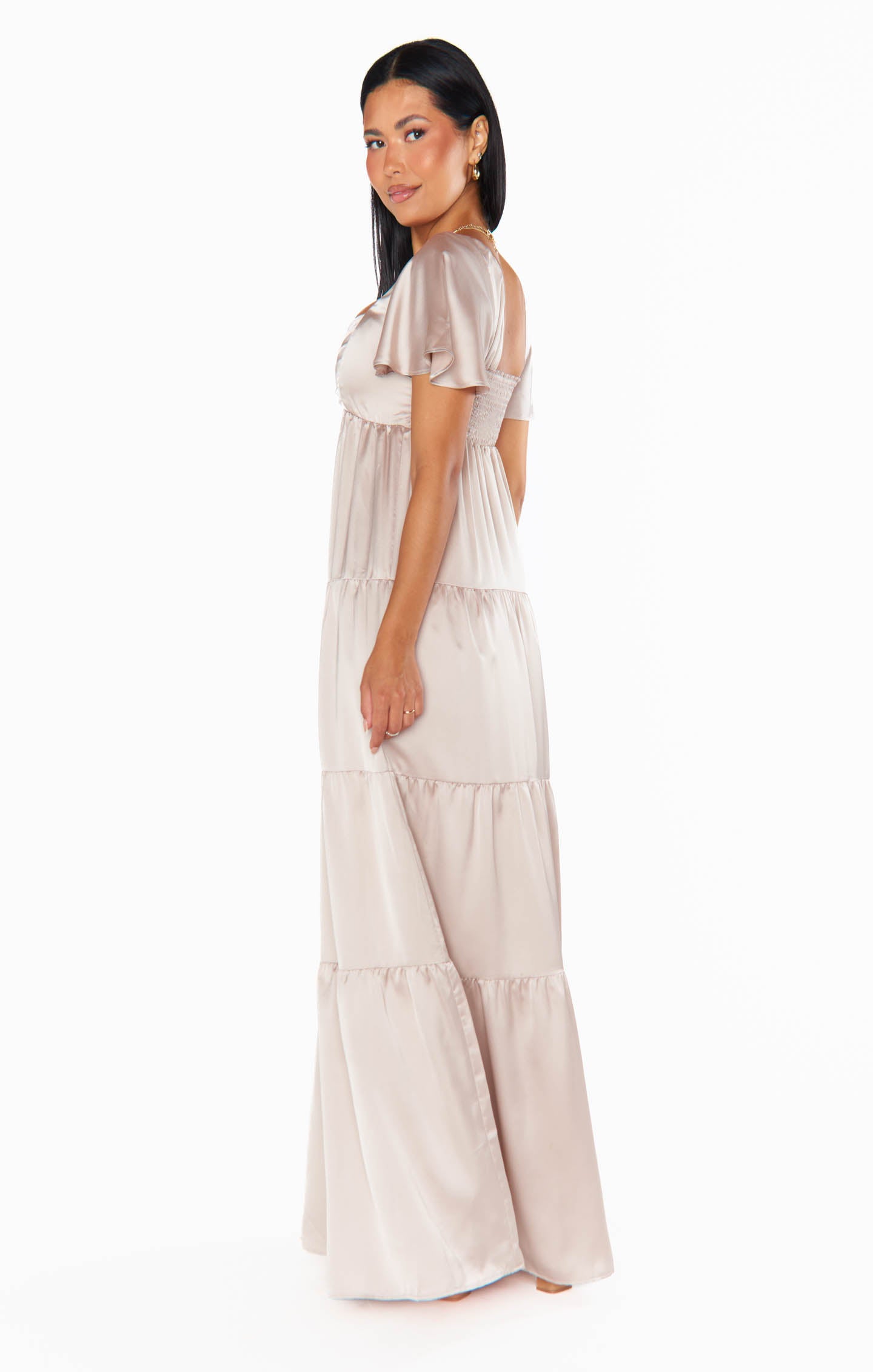 Nicole Luxe Satin Maxi Dress with Smocked Back & Flutter Sleeves