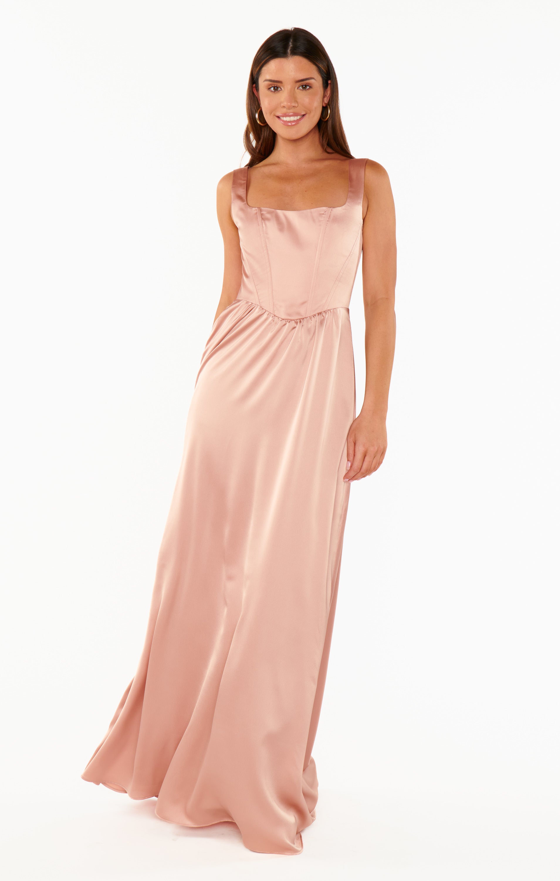 Nina Rose Gold Satin Maxi Dress with Corset Bodice