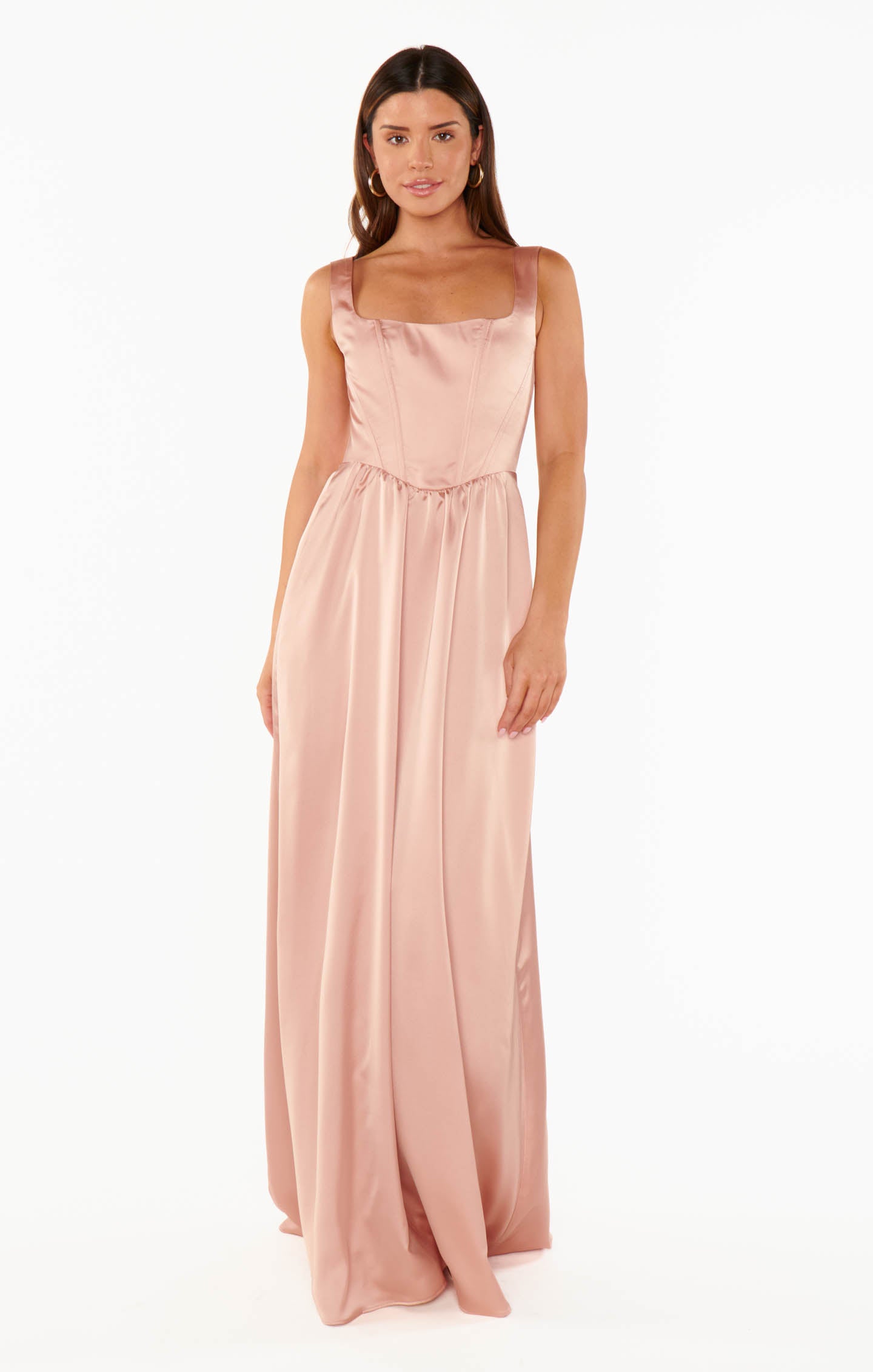 Nina Rose Gold Satin Maxi Dress with Corset Bodice