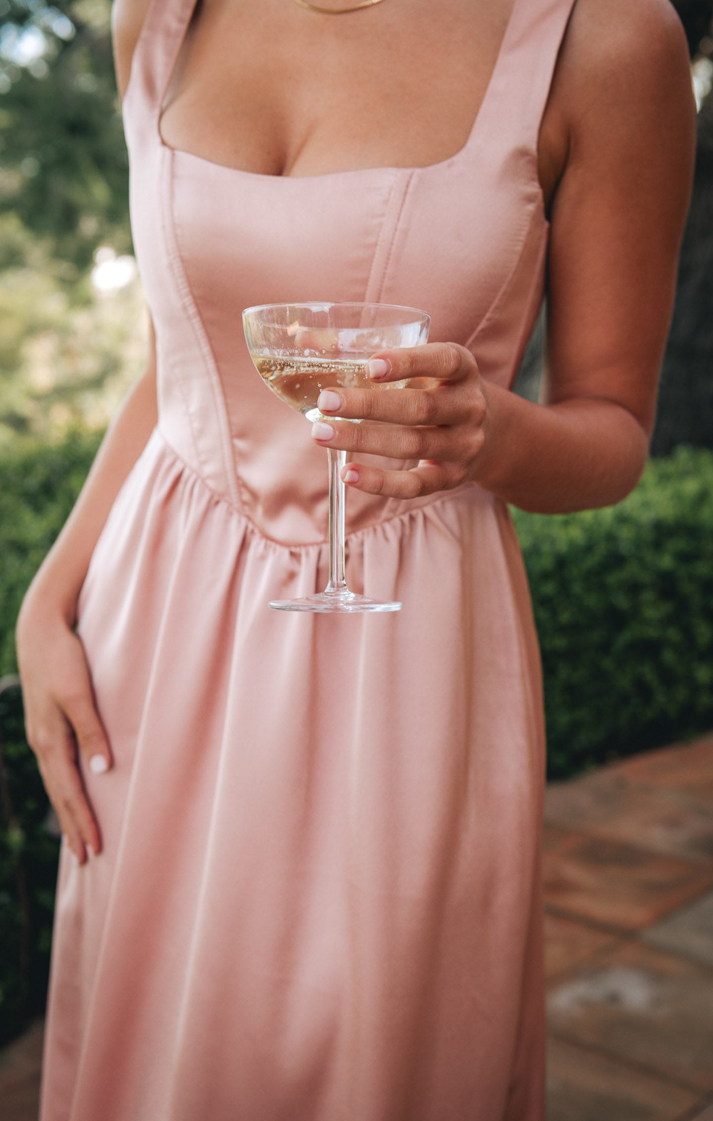 Nina Rose Gold Satin Maxi Dress with Corset Bodice