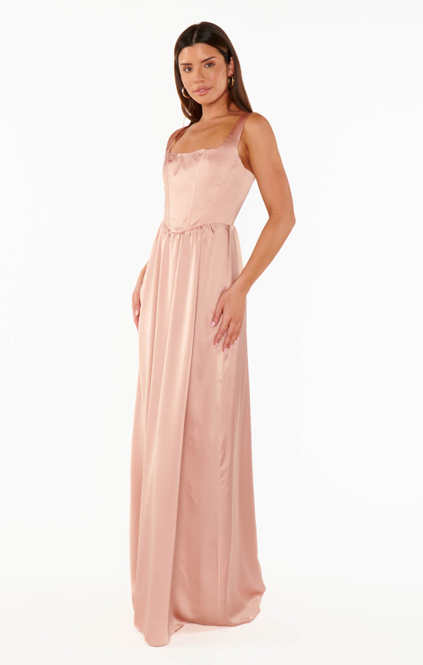 Nina Rose Gold Satin Maxi Dress with Corset Bodice
