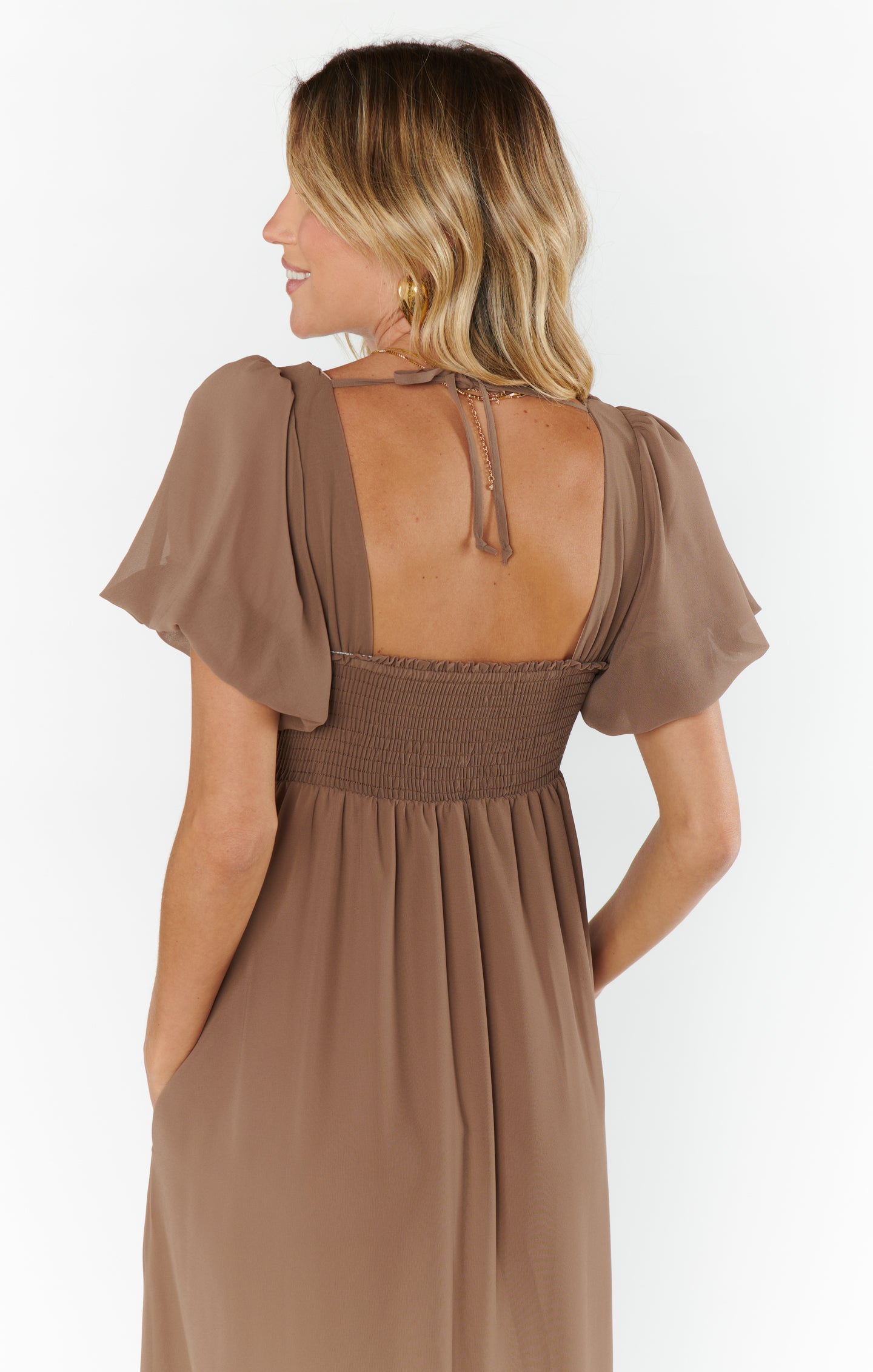 Nora Maxi Dress with Square Neckline & Smocked Back - Dune Chiffon
