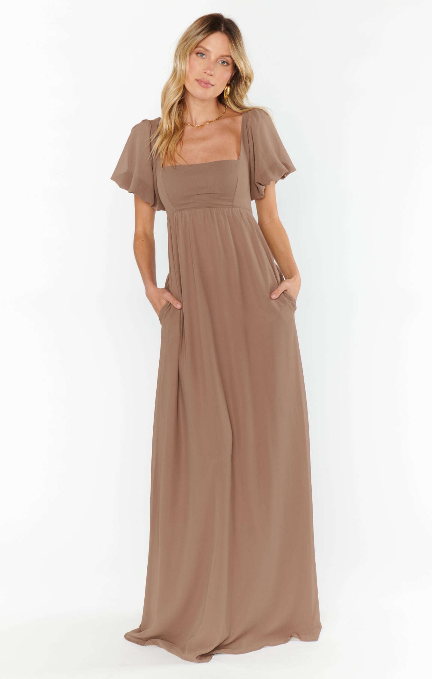 Nora Maxi Dress with Square Neckline & Smocked Back - Dune Chiffon