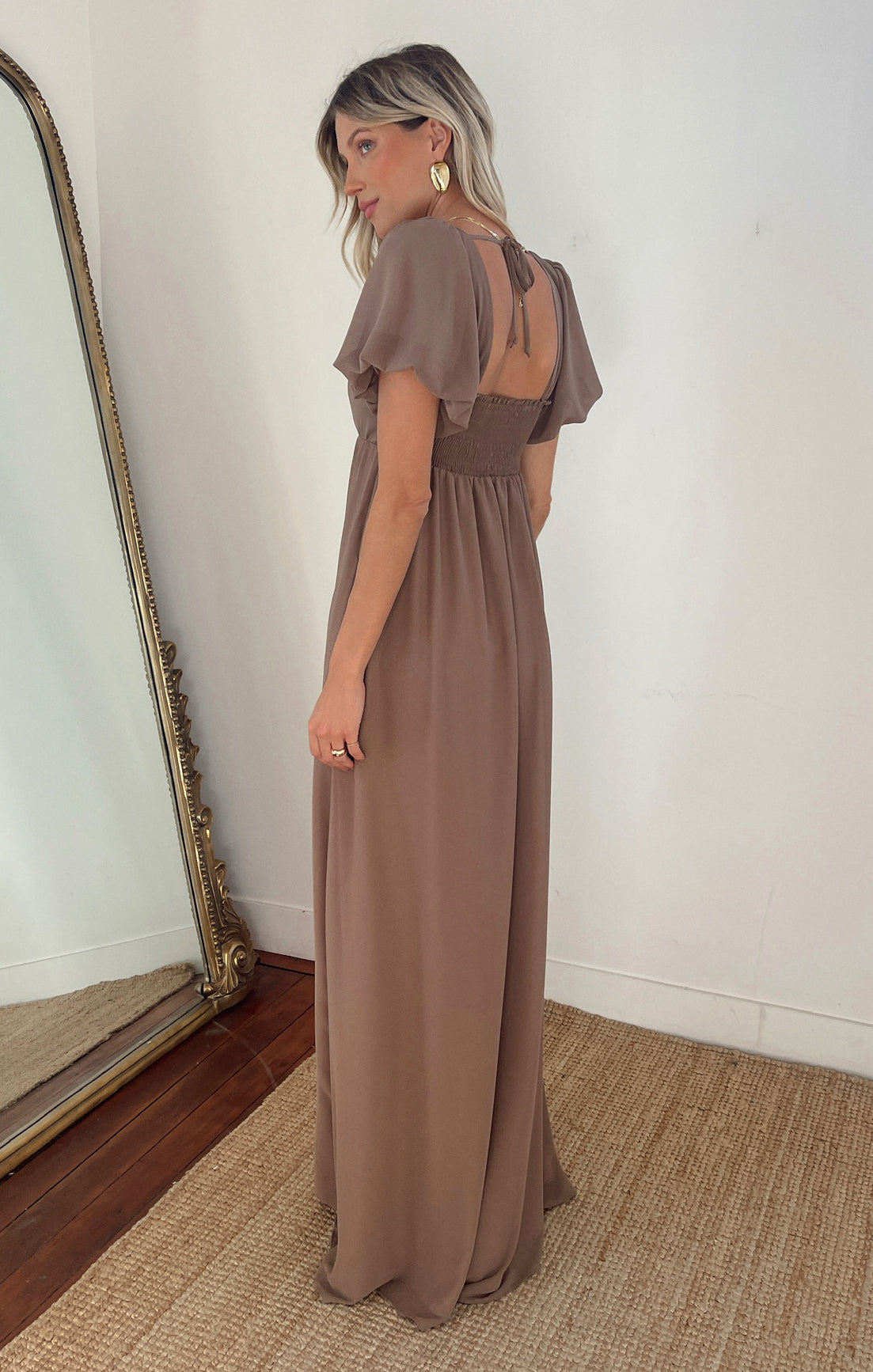 Nora Maxi Dress with Square Neckline & Smocked Back - Dune Chiffon