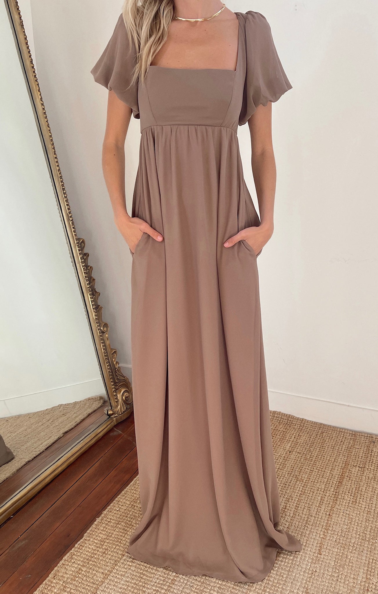 Nora Maxi Dress with Square Neckline & Smocked Back - Dune Chiffon