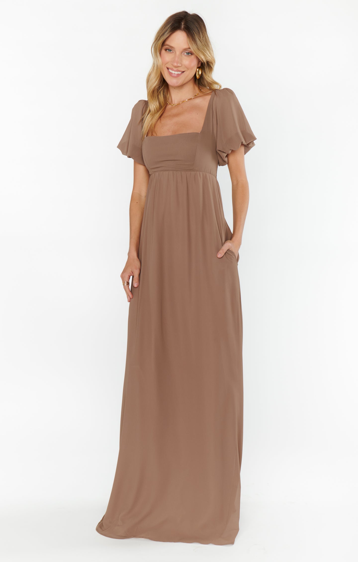 Nora Maxi Dress with Square Neckline & Smocked Back - Dune Chiffon