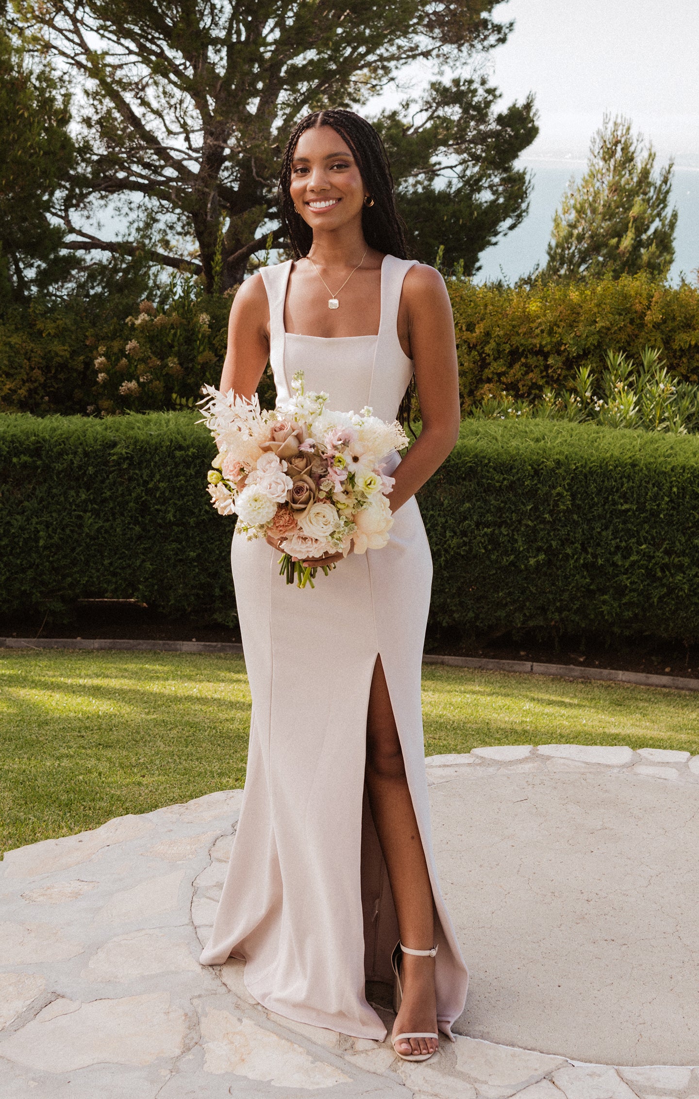 Stretch Square Neck Bridesmaid Gown with Detachable Sash