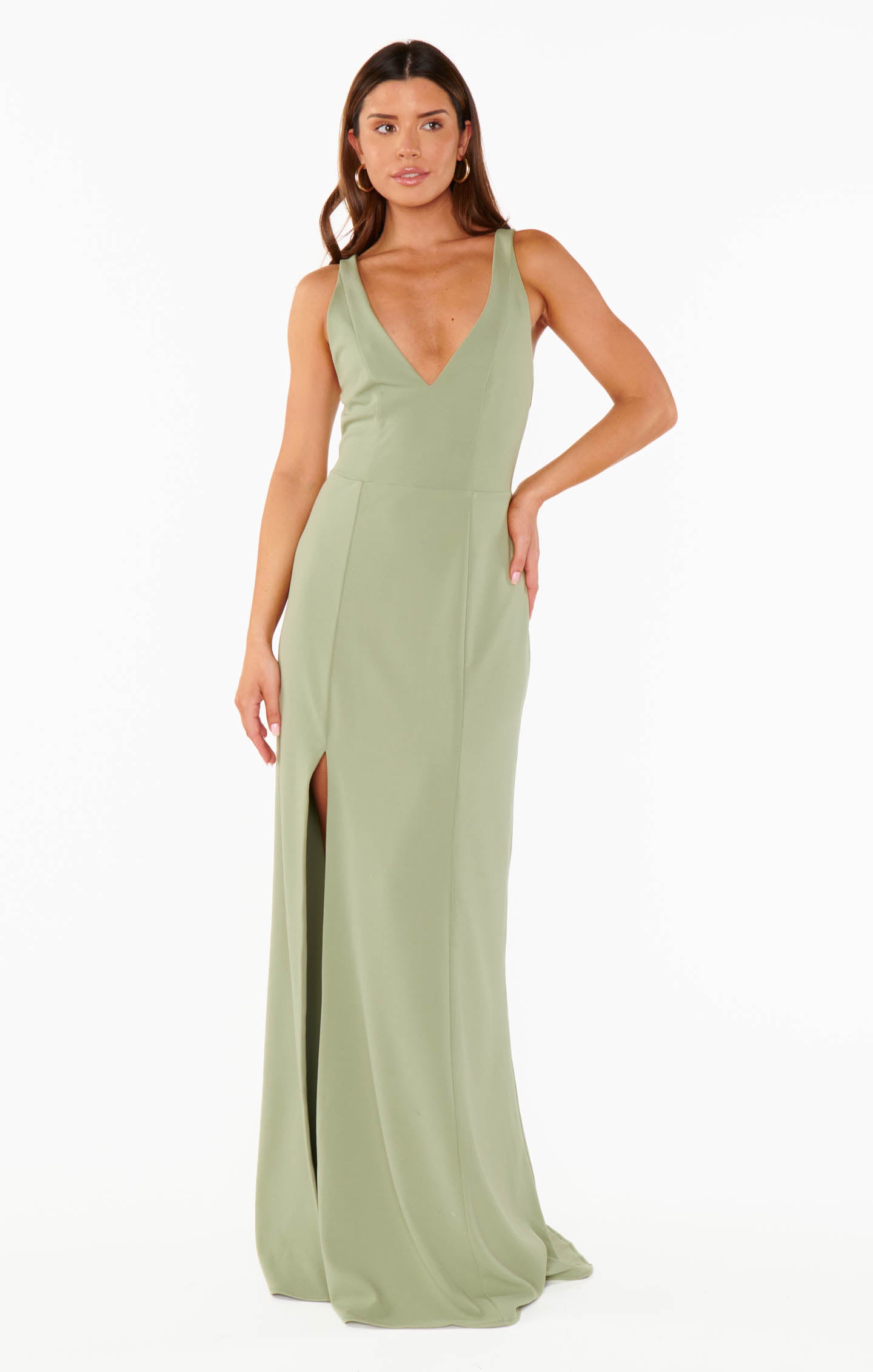 Rachel Maxi Dress with V-Neck & Open Back - Moss Green Stretch