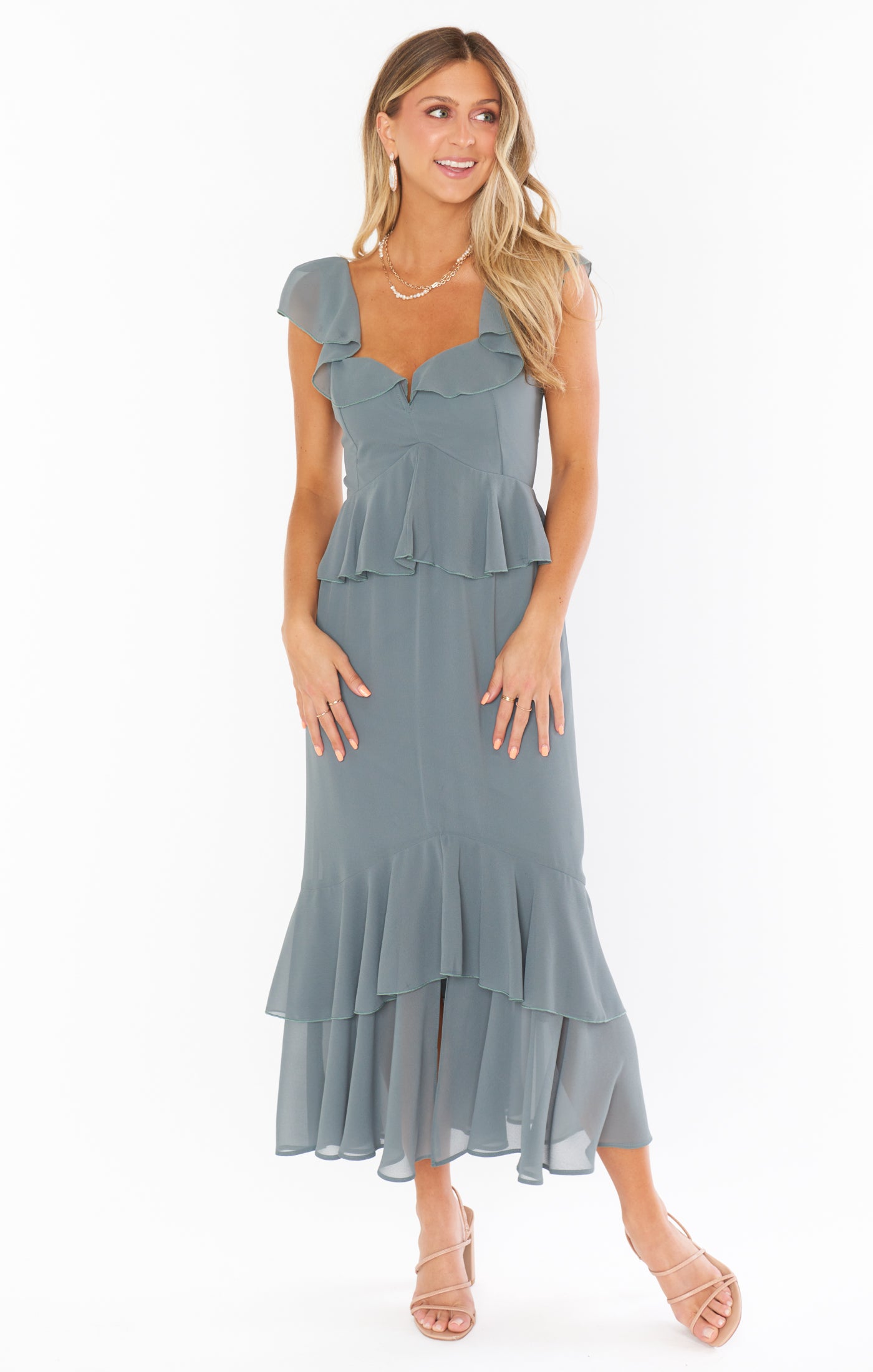 Romantic Ruffled Chiffon Midi Dress in Deep Sage - Reese
