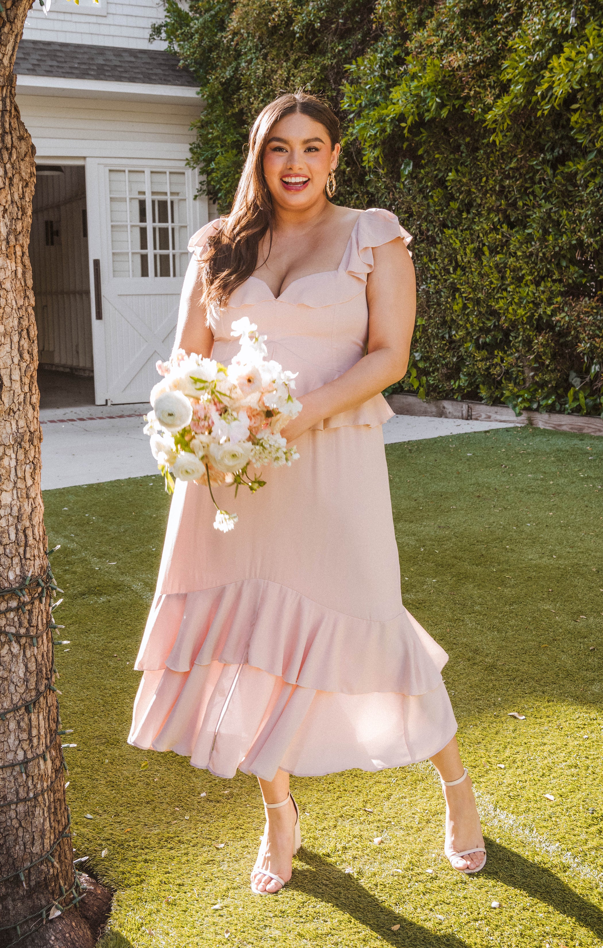 Romantic Ruffled Midi Dress in Dusty Blush with Flutter Sleeves