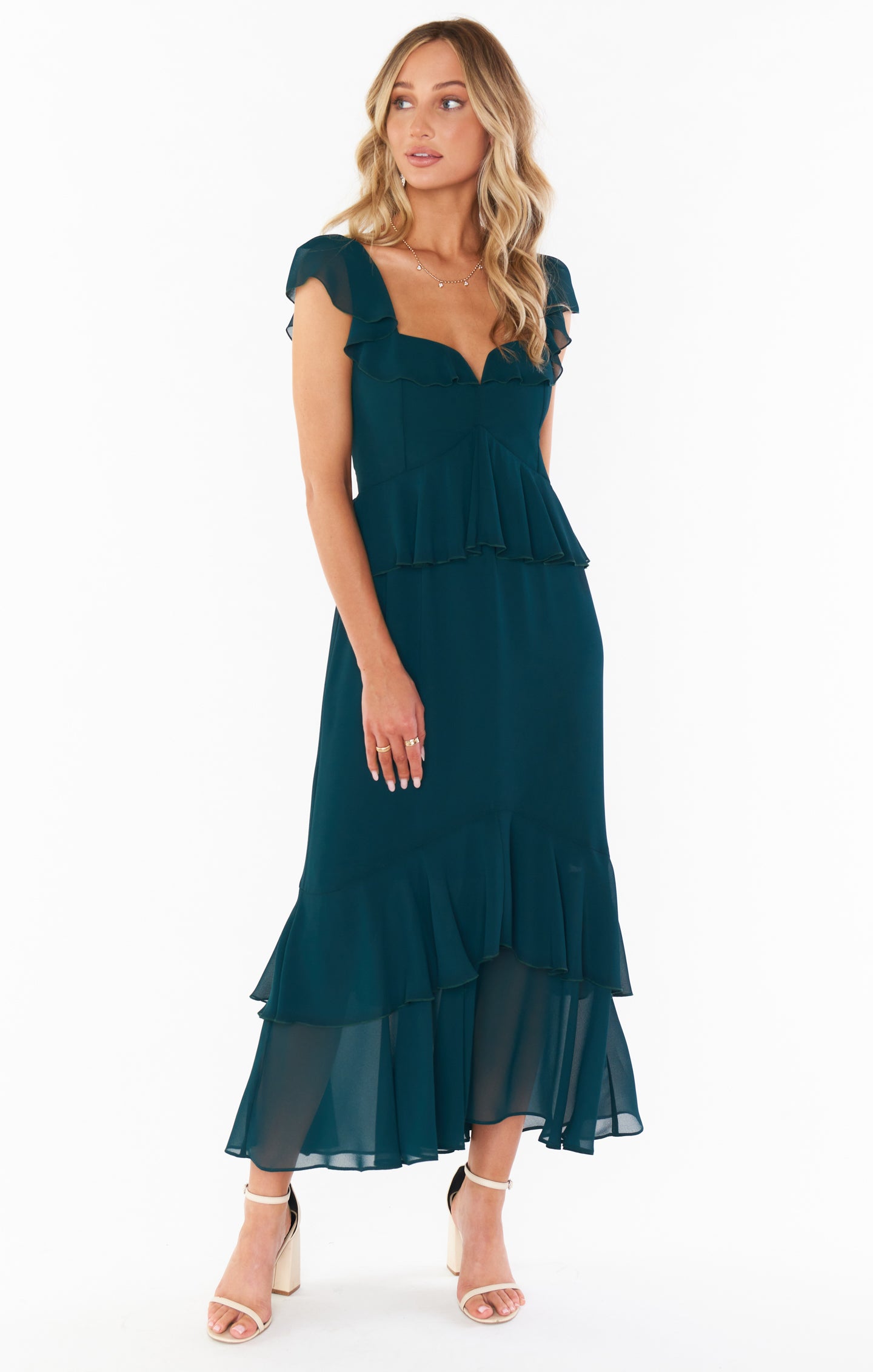 Emerald Green Ruffled Midi Dress with Flutter Sleeves