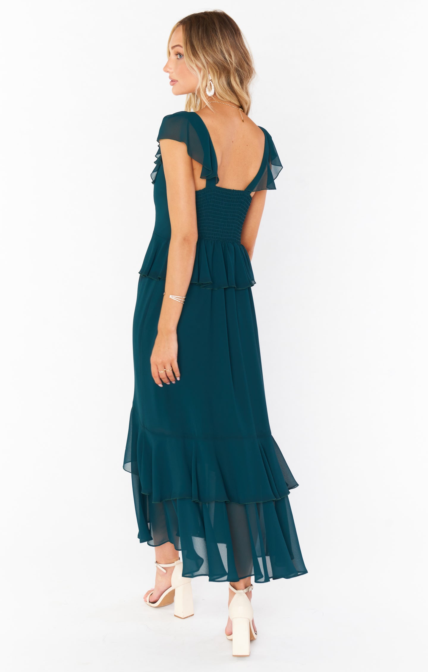 Emerald Green Ruffled Midi Dress with Flutter Sleeves