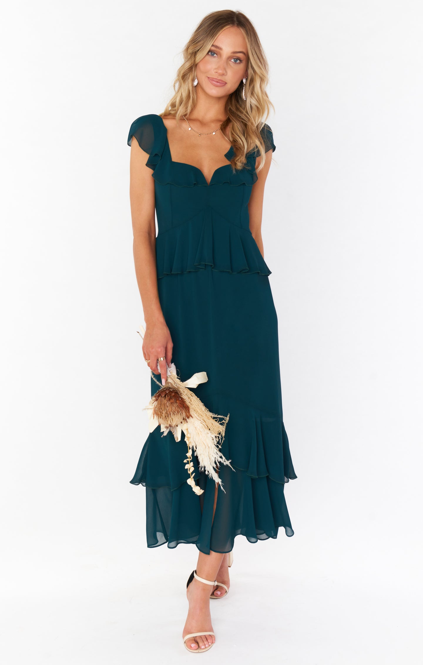 Emerald Green Ruffled Midi Dress with Flutter Sleeves