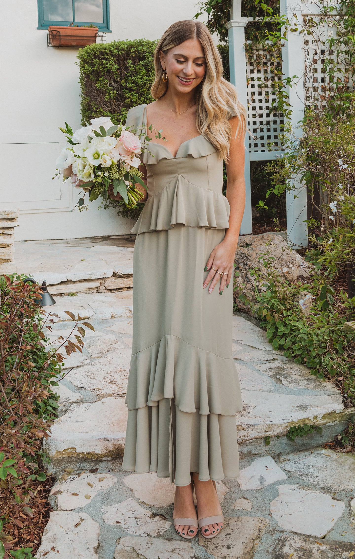 Reese Ruffled Midi Dress in Moss Green with Flutter Sleeves