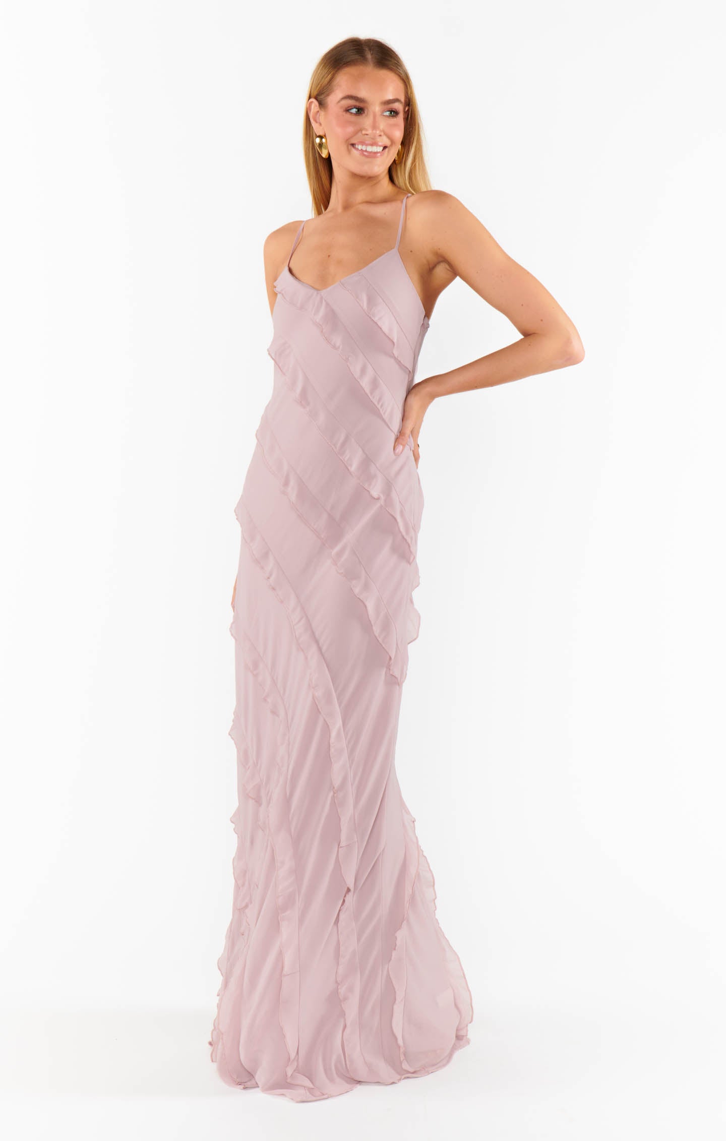 Romance Ruffle Maxi Dress - Neutral Mauve Chiffon Bridesmaid Gown