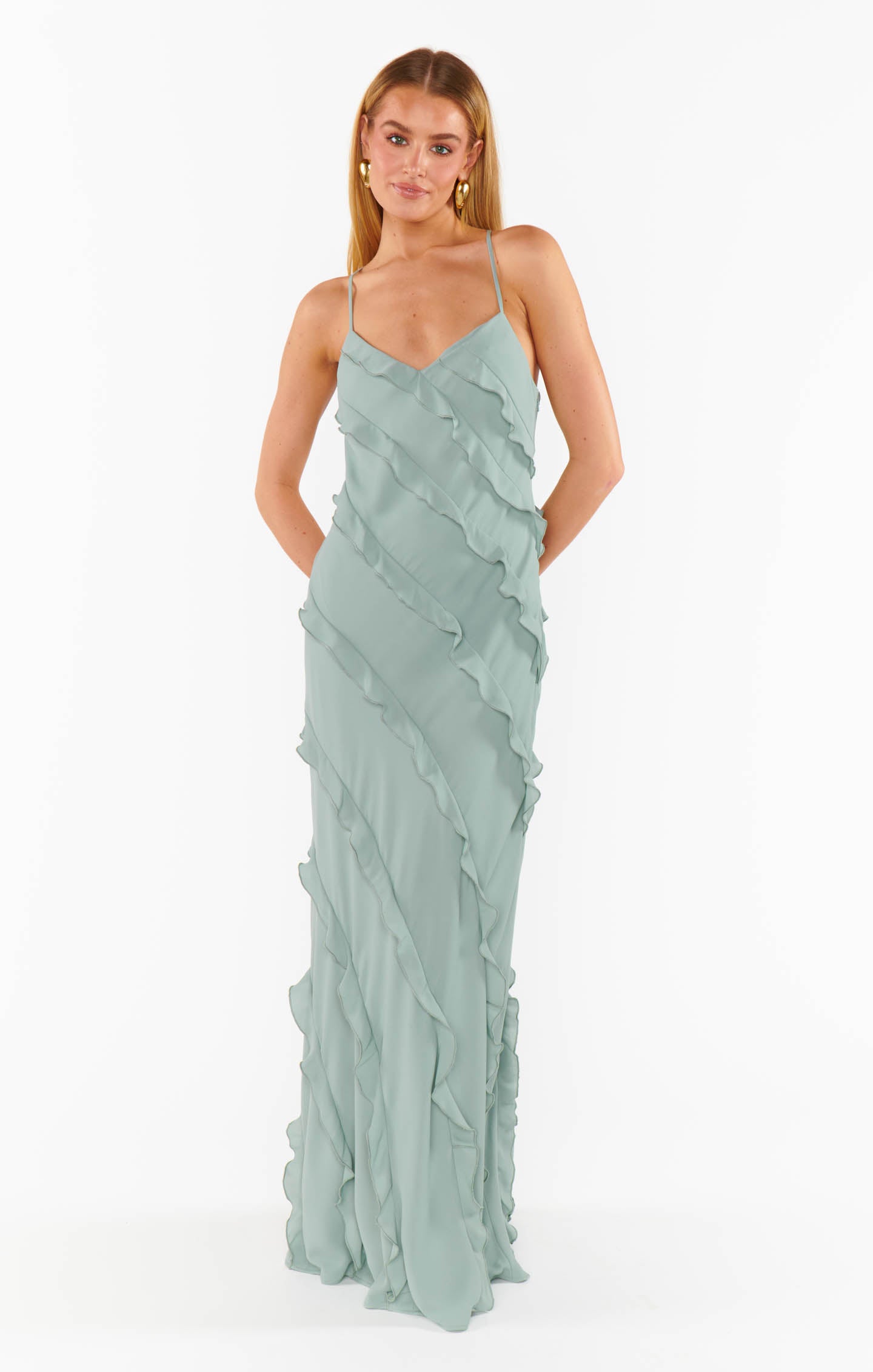 Silver Sage Romance Ruffle Maxi Dress for Bridesmaids & Weddings