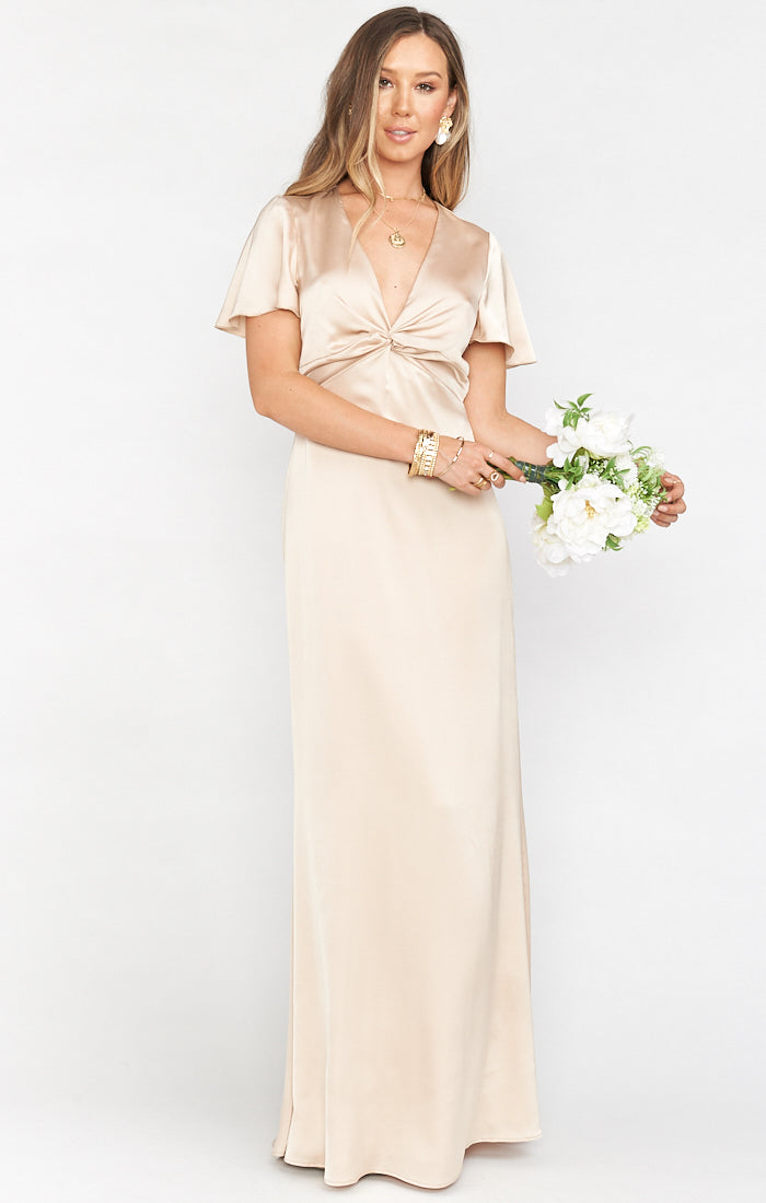 Champagne Luxe Satin Rome Twist Gown with Empire Waist