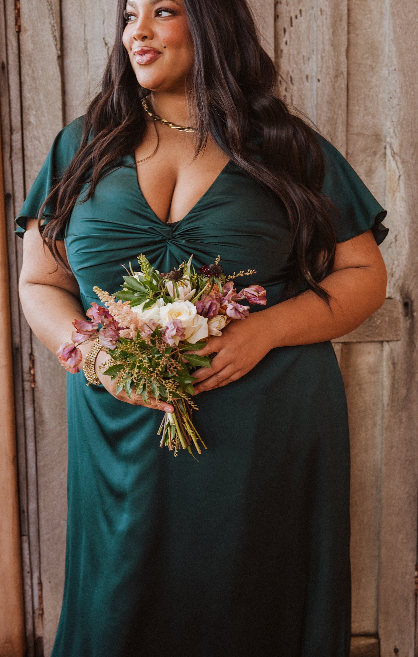 Emerald Green Satin Twist Gown with V-Neck & Flutter Sleeves