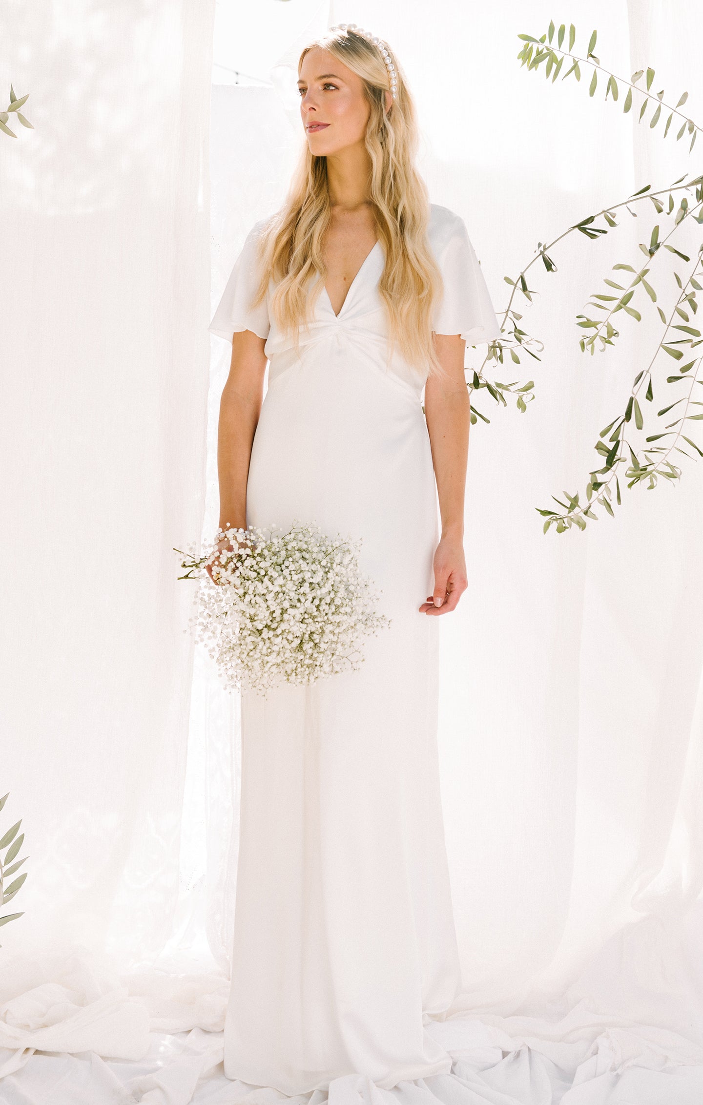 Ivory Luxe Satin Rome Twist Gown with Empire Waist