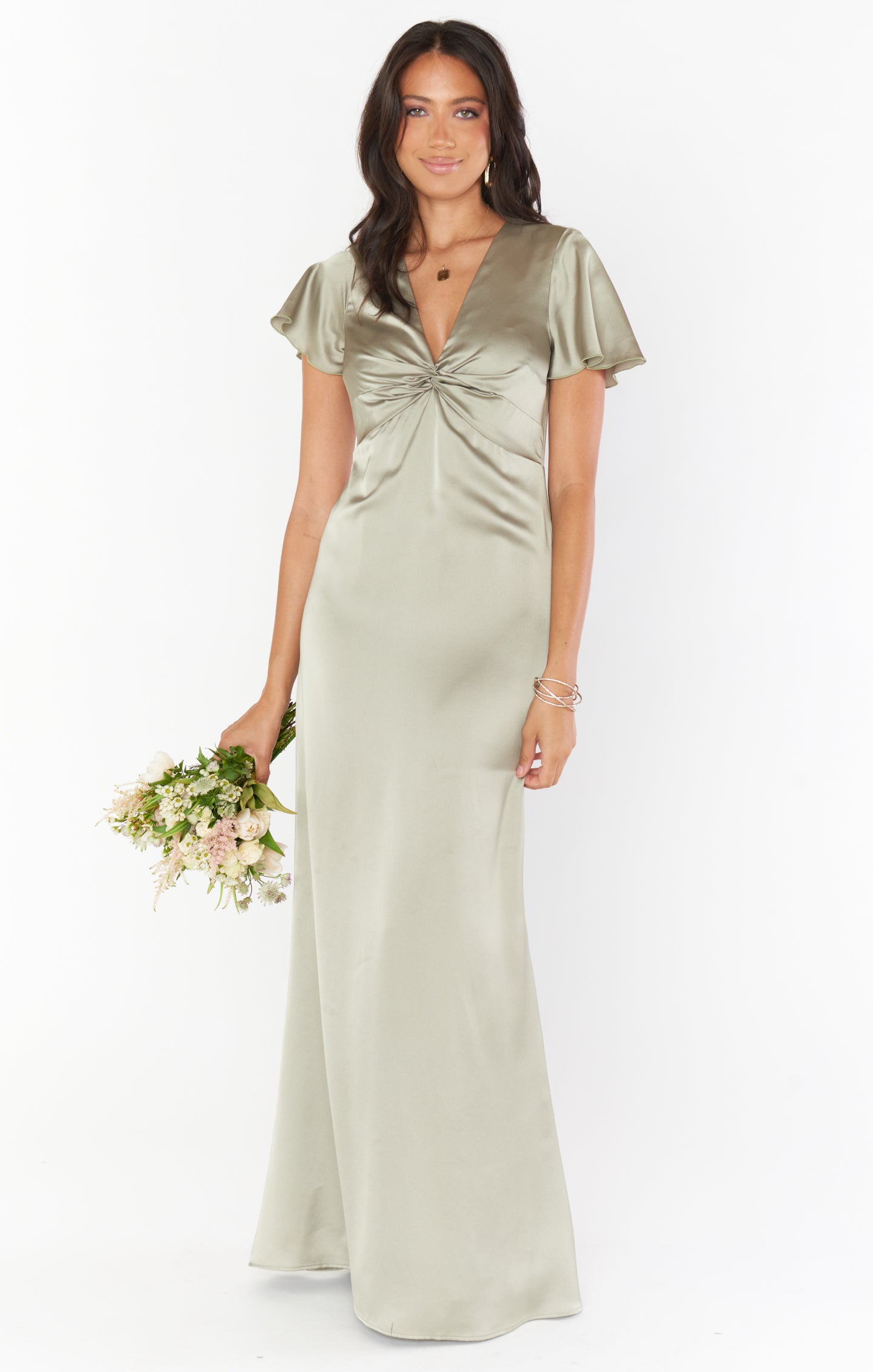 Moss Green Luxe Satin Rome Twist Gown with Empire Waist