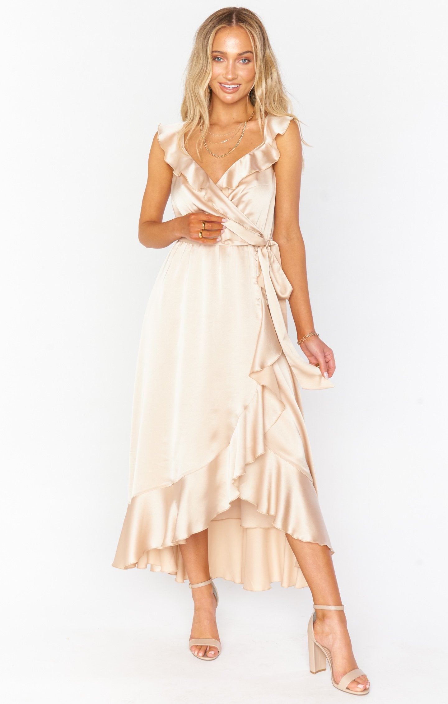 Samantha Champagne Satin Ruffle Wrap Dress with V-Neck & Slit