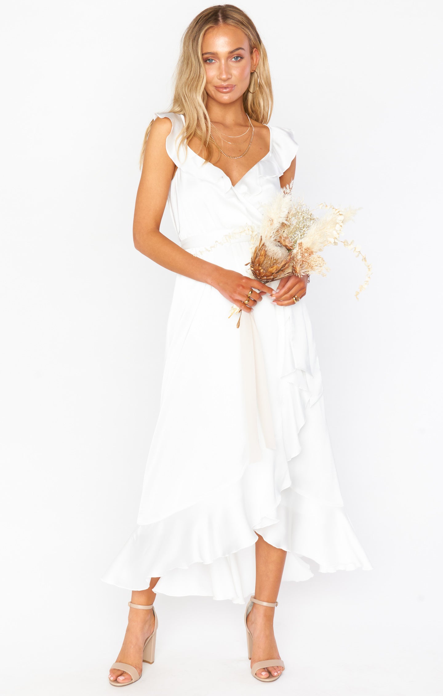 Samantha Ivory Satin Ruffle Wrap Dress with Slit