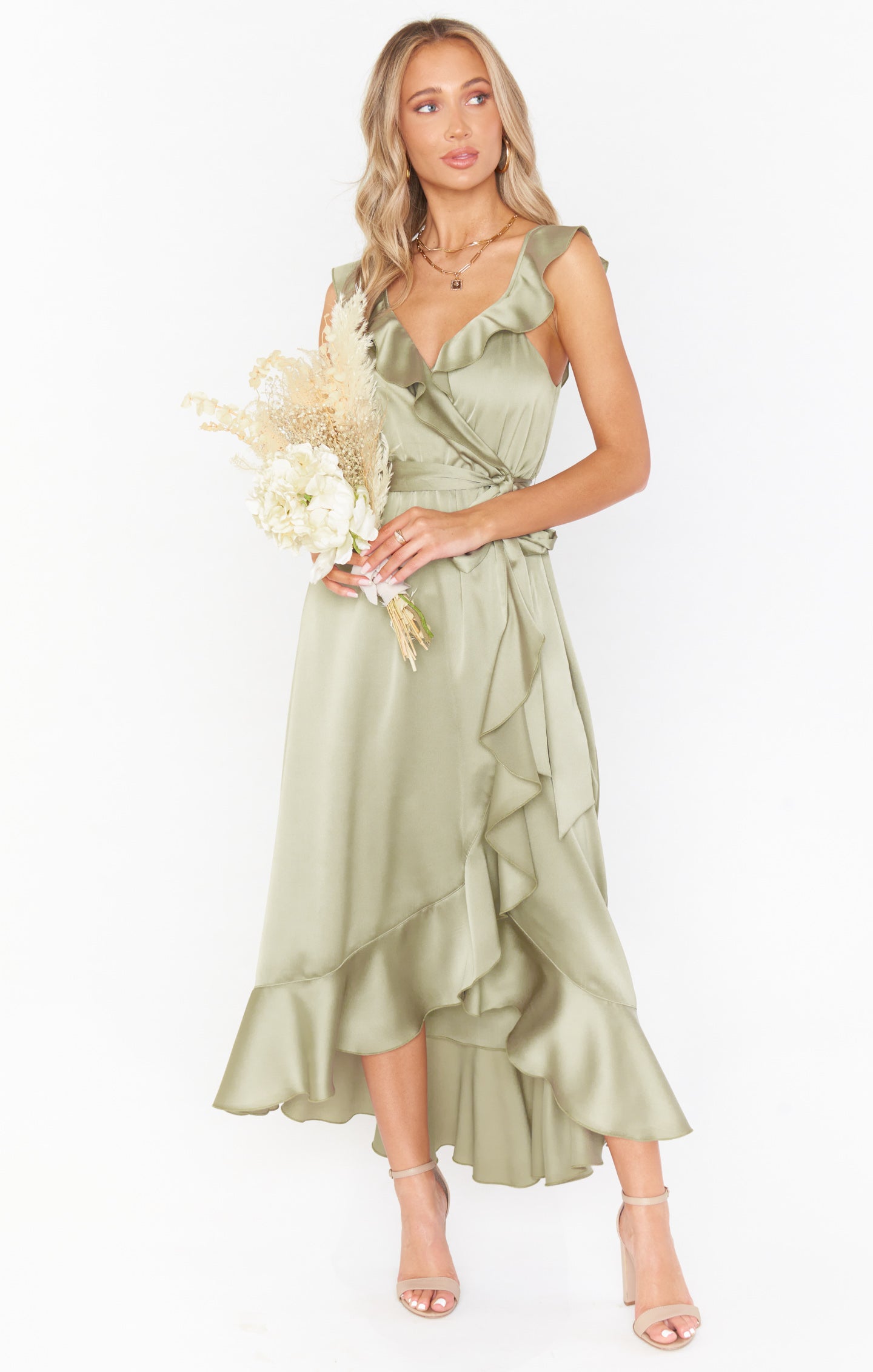 Samantha Ruffle Wrap Dress - Moss Green Satin with Slit & Straps