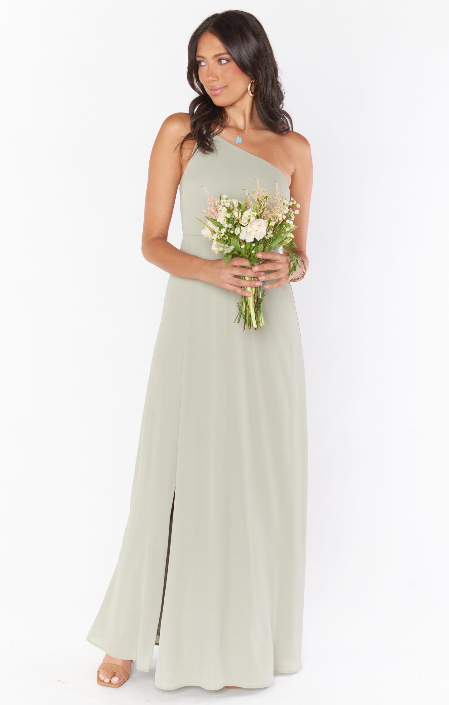 One Shoulder Maxi Dress in Moss Green - Feminine Slit Detail