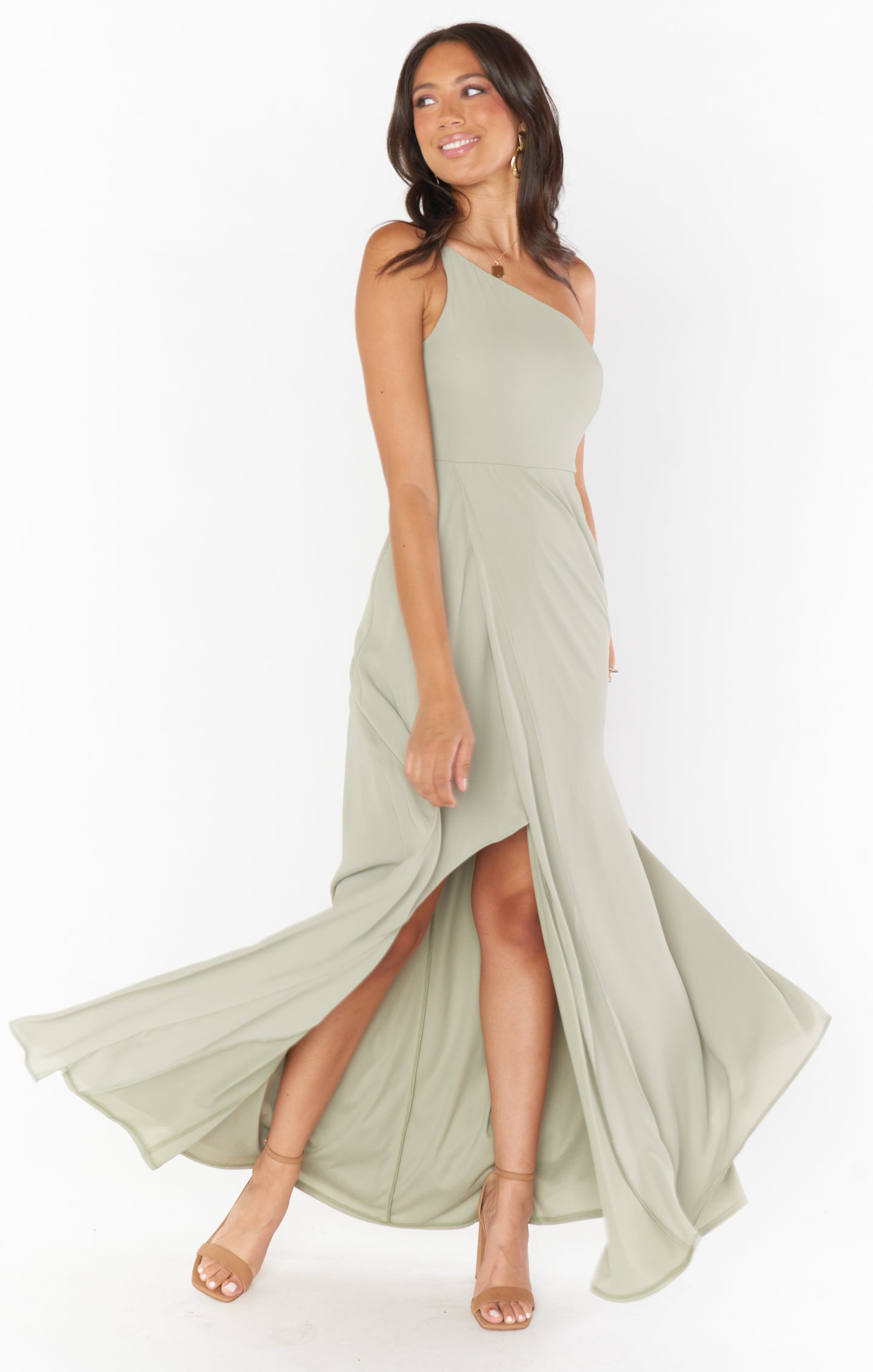 One Shoulder Maxi Dress in Moss Green - Feminine Slit Detail