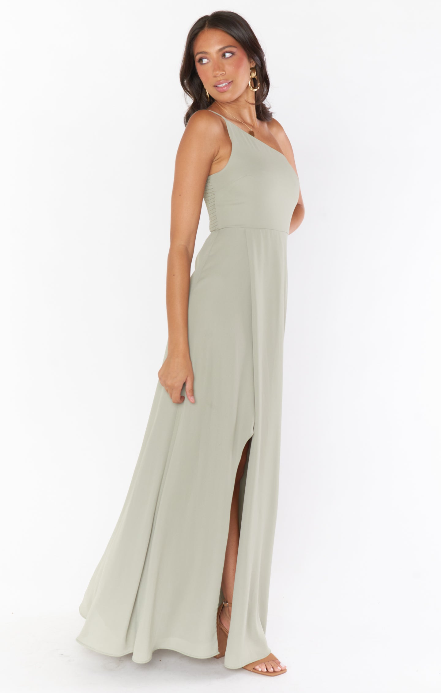 One Shoulder Maxi Dress in Moss Green - Feminine Slit Detail