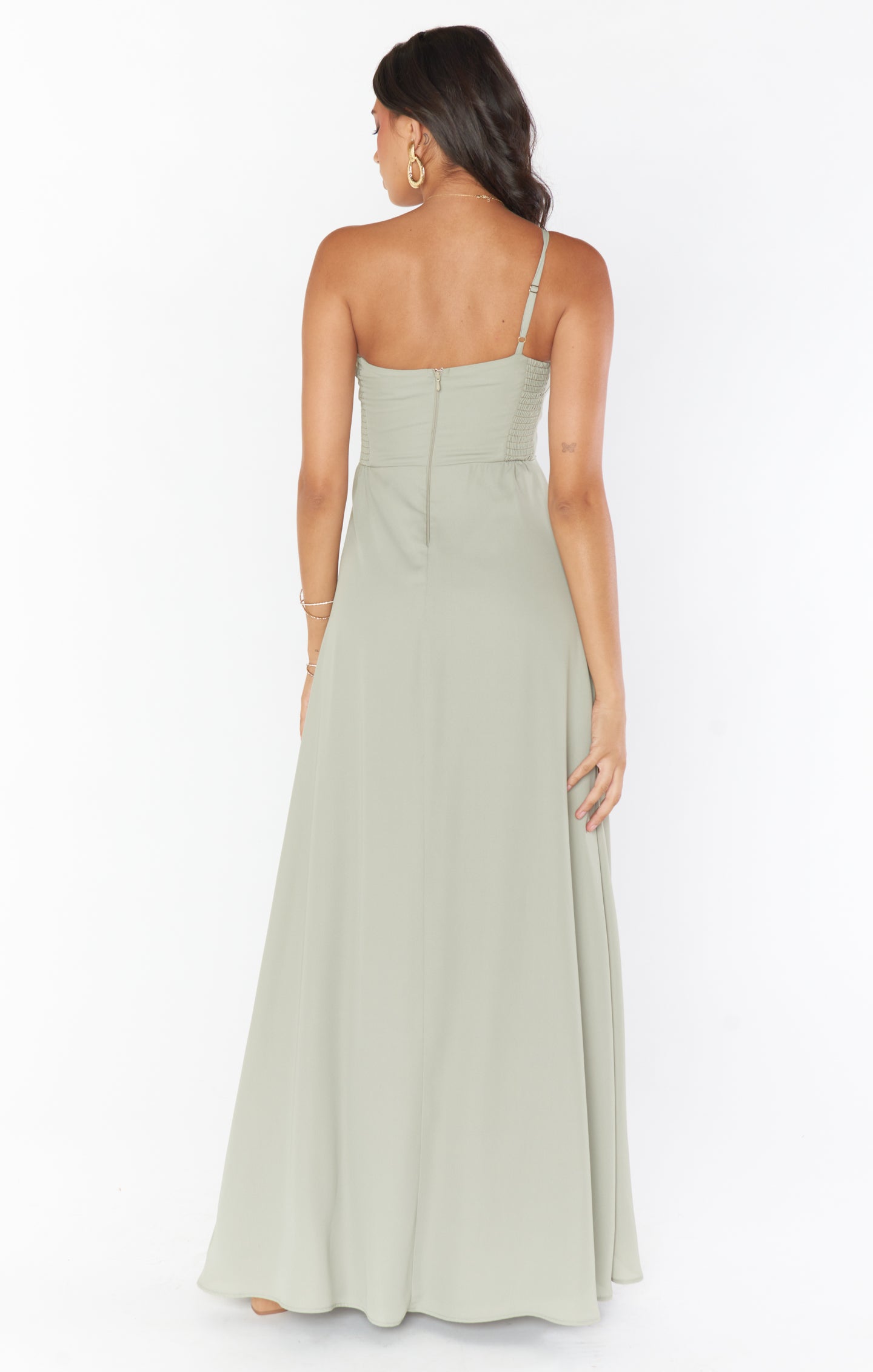 One Shoulder Maxi Dress in Moss Green - Feminine Slit Detail