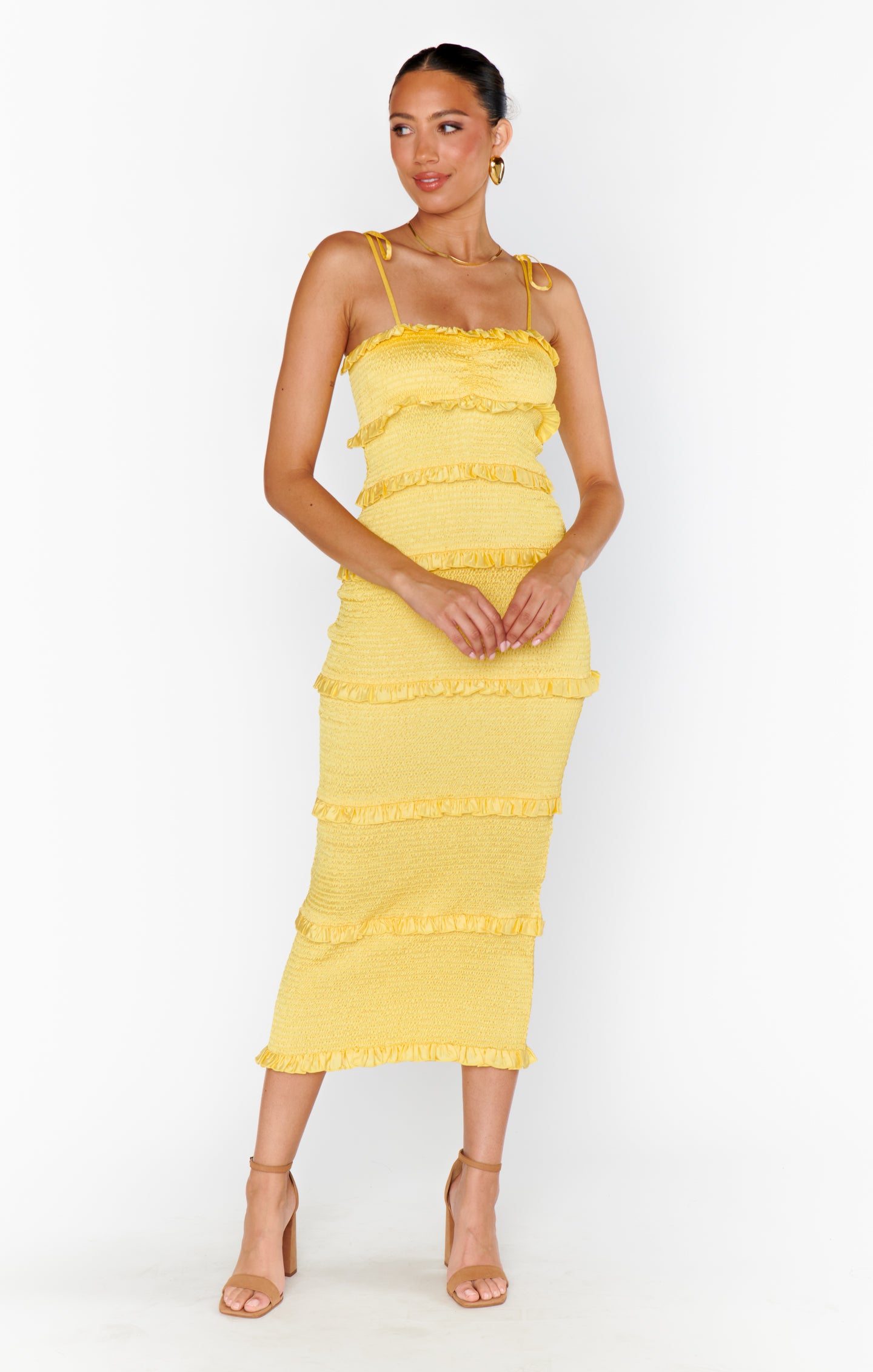 Stella Yellow Satin Smocked Midi Dress with Adjustable Straps