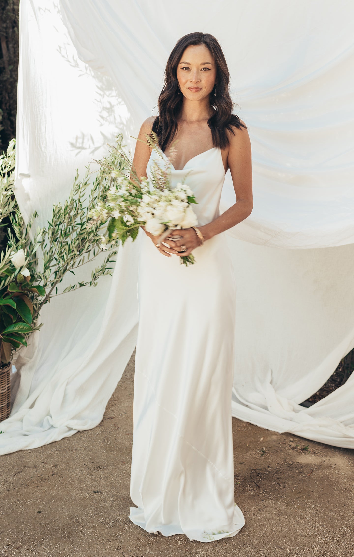 Tuscany Ivory Satin Maxi Slip Dress with Cowl Neck & Built-in Bra