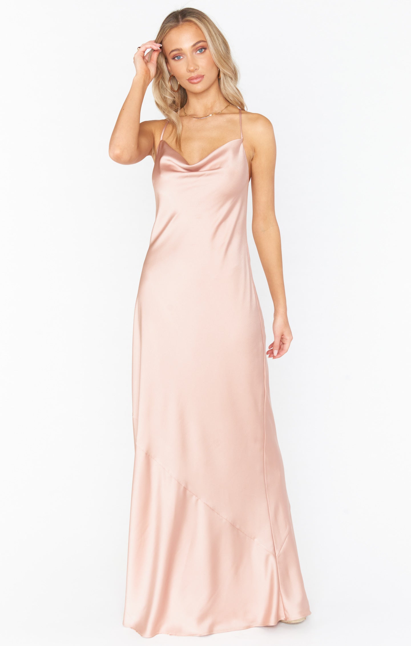 Tuscany Rose Gold Satin Maxi Slip Dress with Cowl Neck