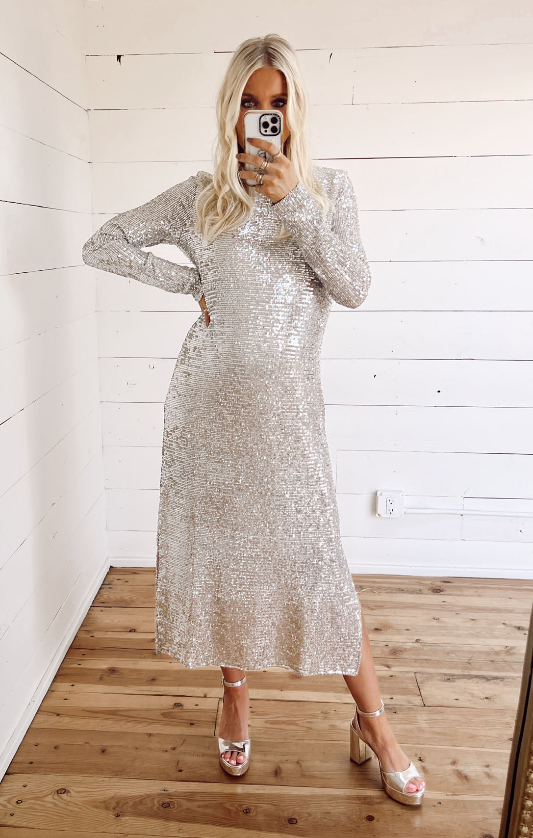 Platinum Sequin Midi Dress with Side Slits - Maddison