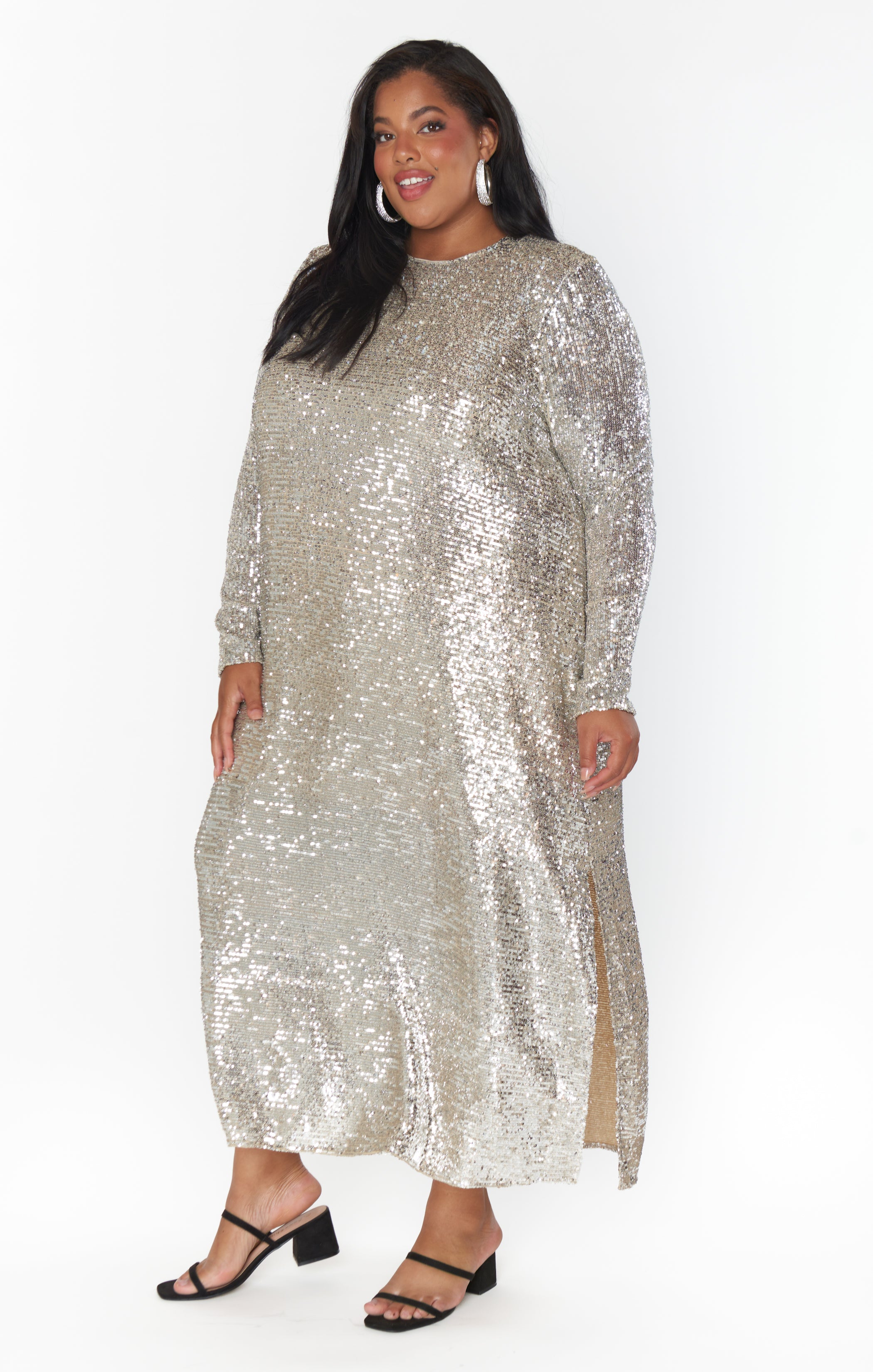 Platinum Sequin Midi Dress with Side Slits - Maddison