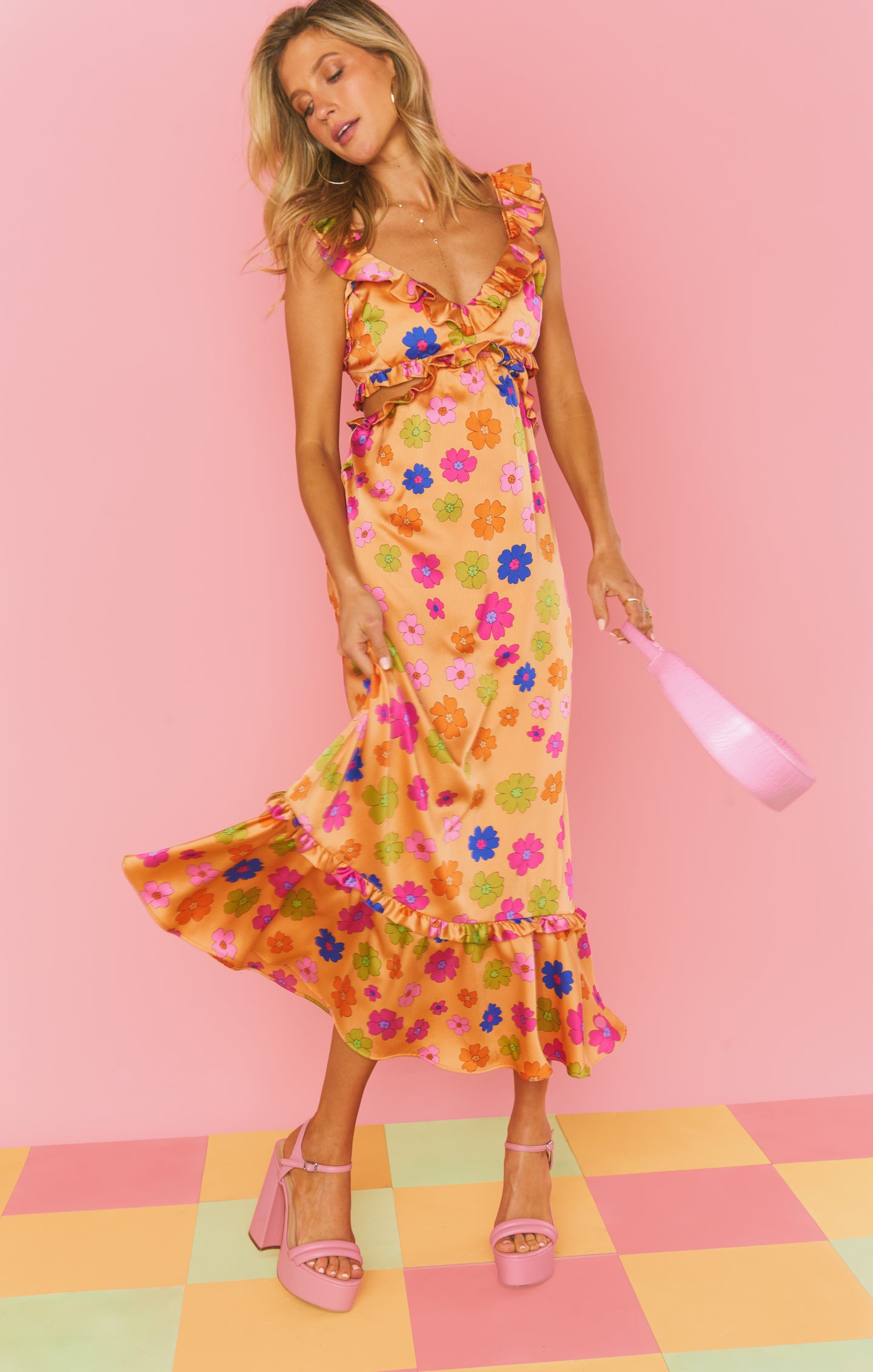 Poppin' Poppy Lane Midi Dress with Ruffled Straps & Side Cutouts