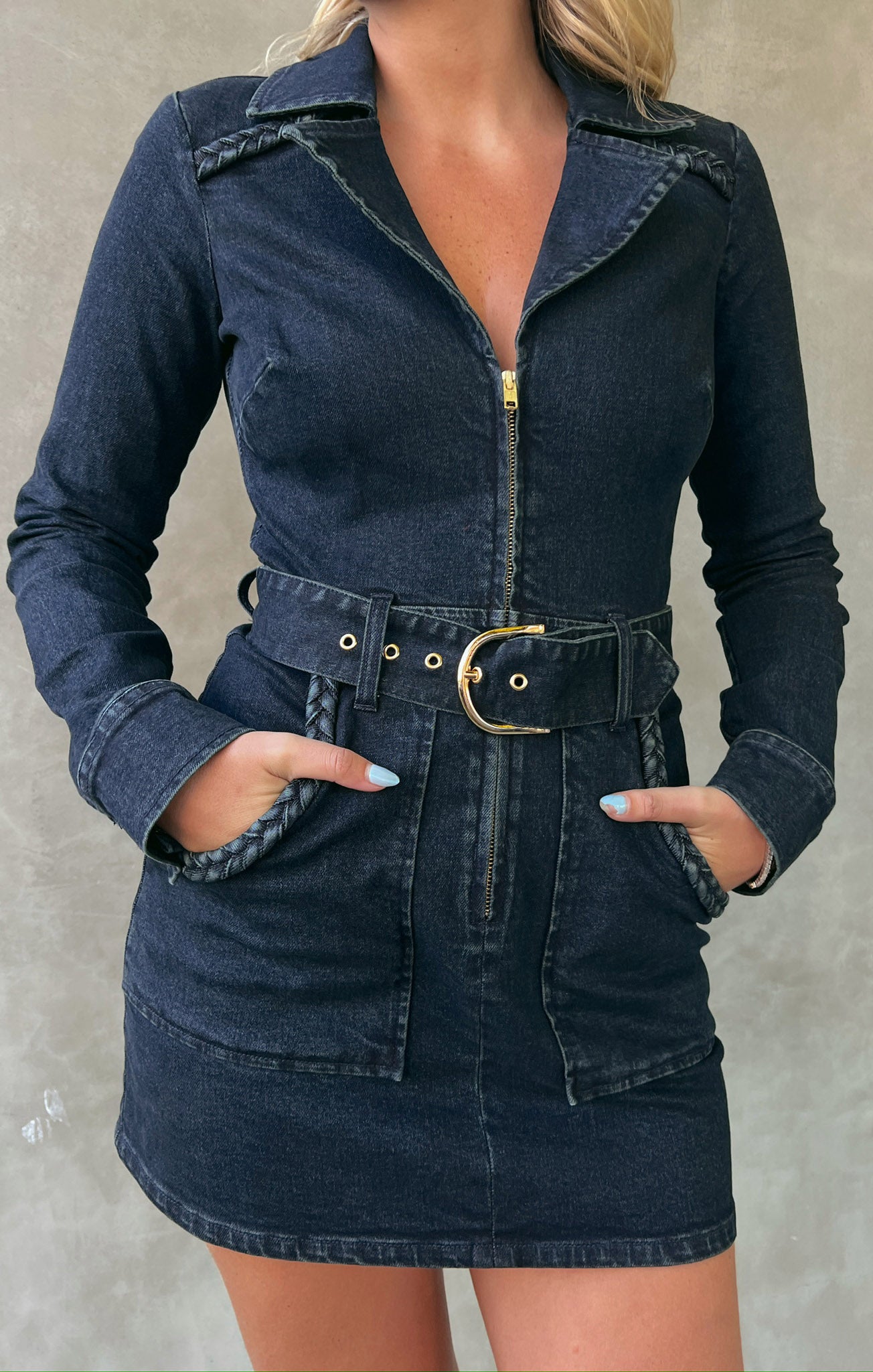 Outlaw Denim Mini Dress with Long Sleeves & Front Zip