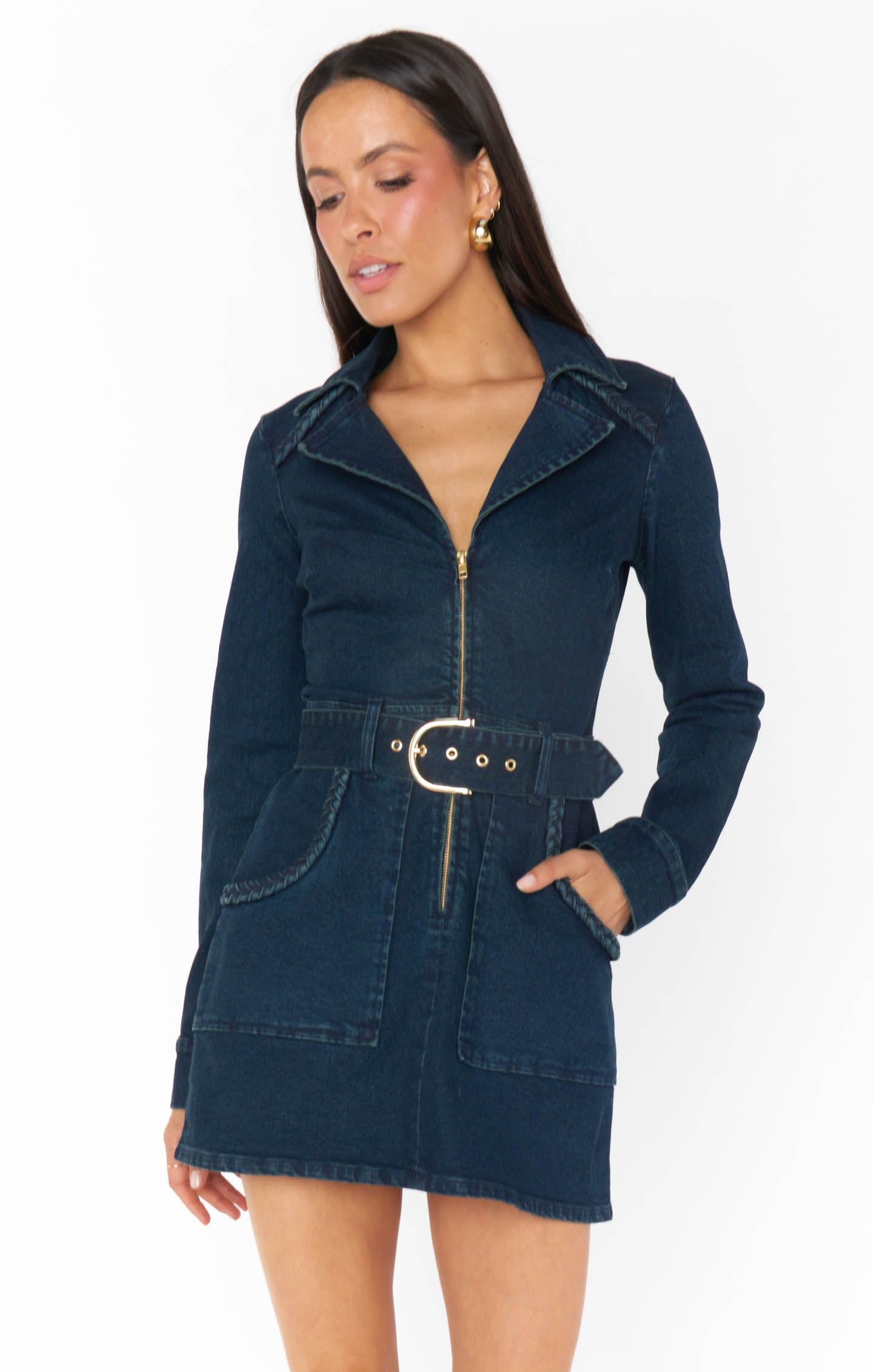 Outlaw Denim Mini Dress with Long Sleeves & Front Zip