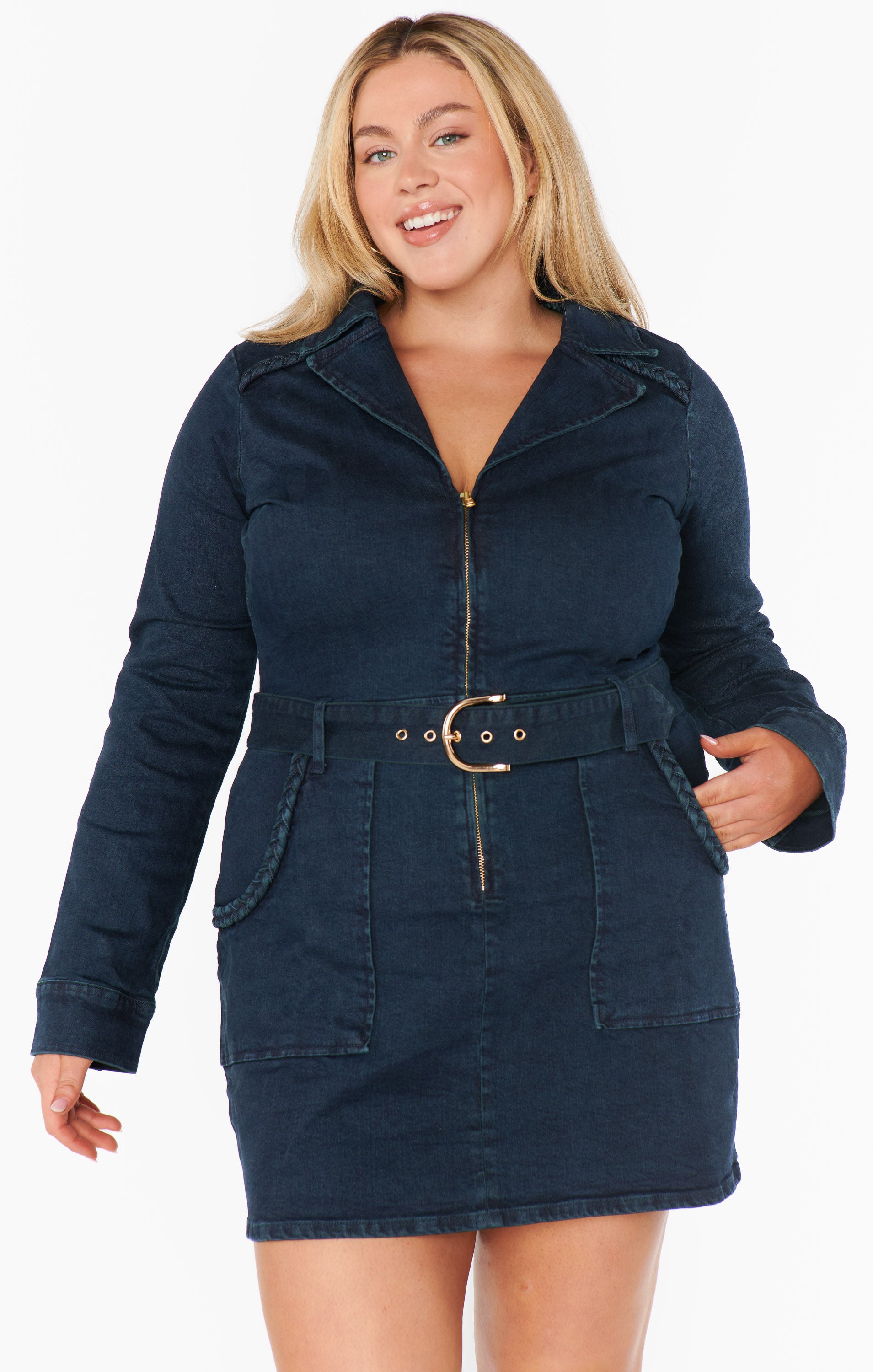 Outlaw Denim Mini Dress with Long Sleeves & Front Zip