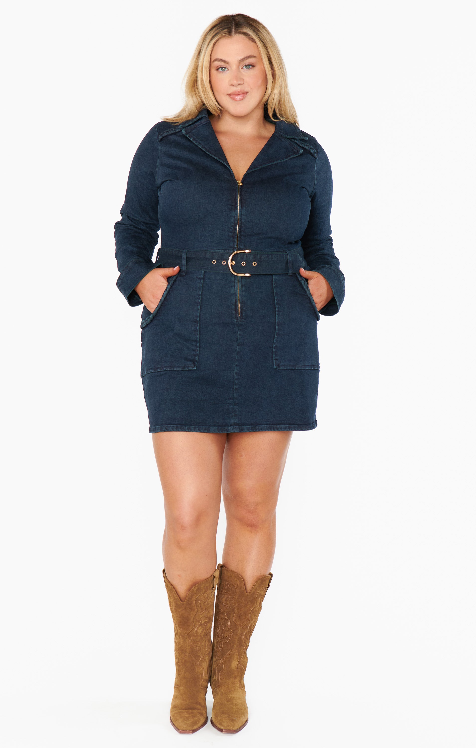 Outlaw Denim Mini Dress with Long Sleeves & Front Zip