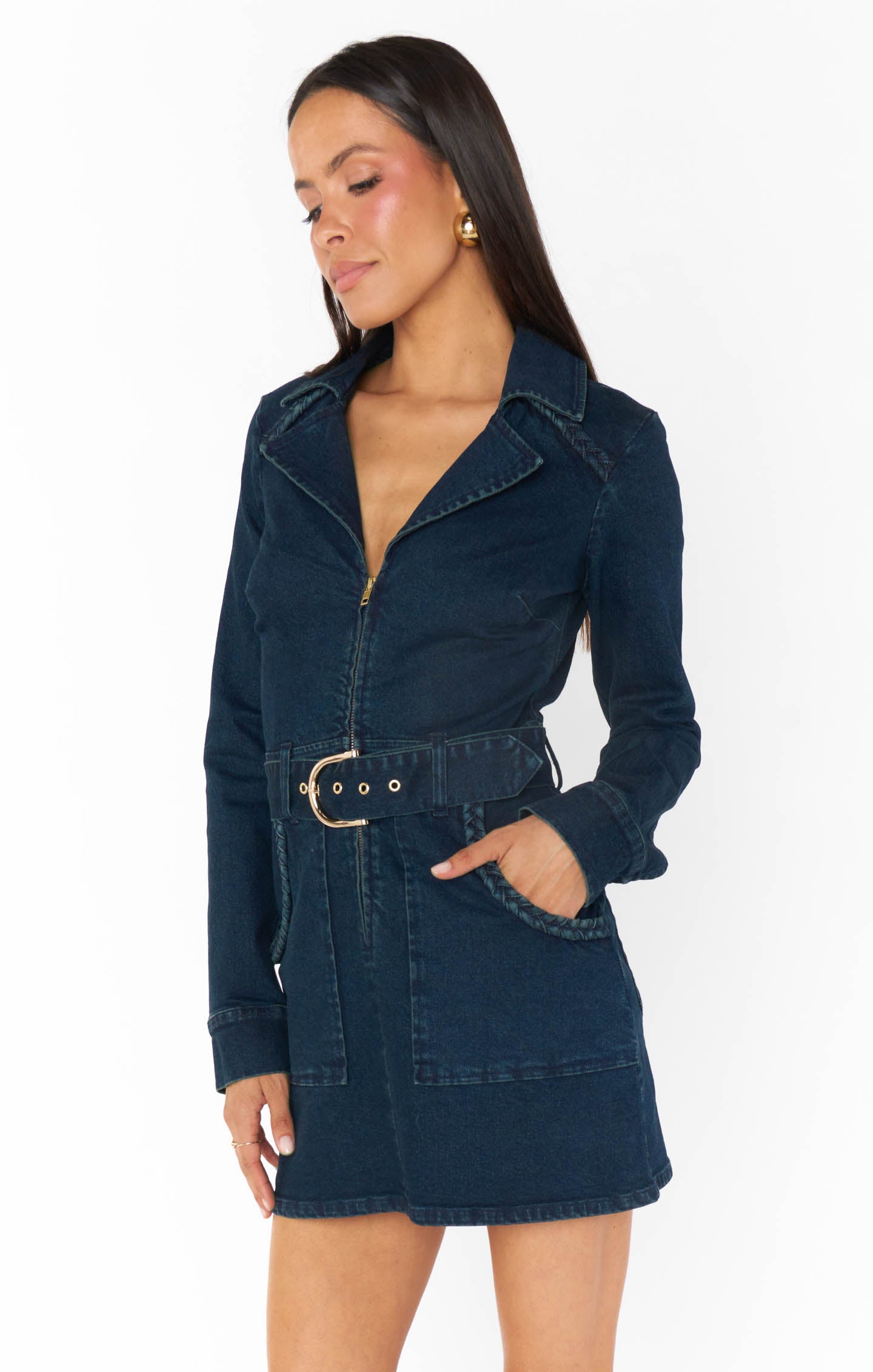 Outlaw Denim Mini Dress with Long Sleeves & Front Zip