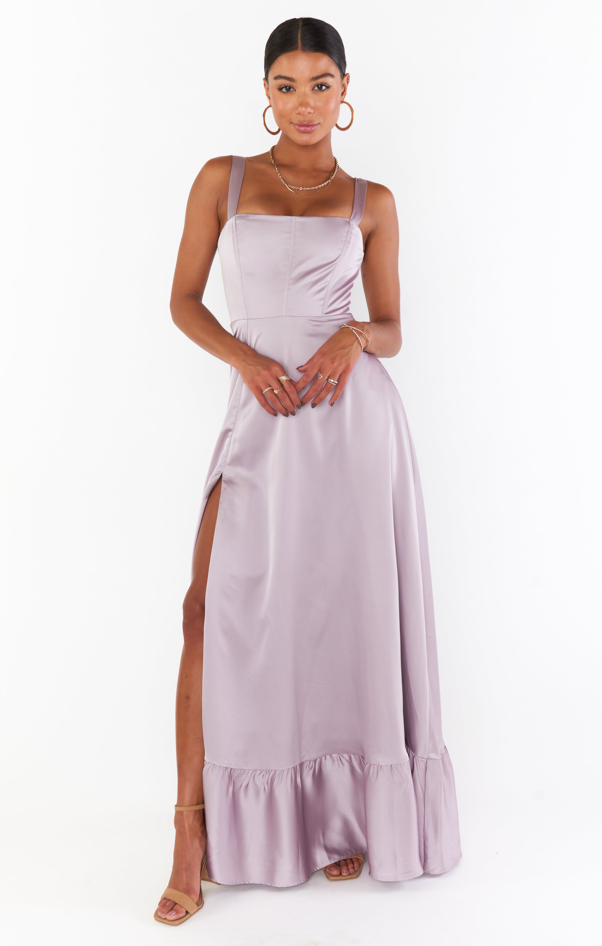 Clarissa Corset Dress in Dusty Purple Luxe Satin with Side Slit