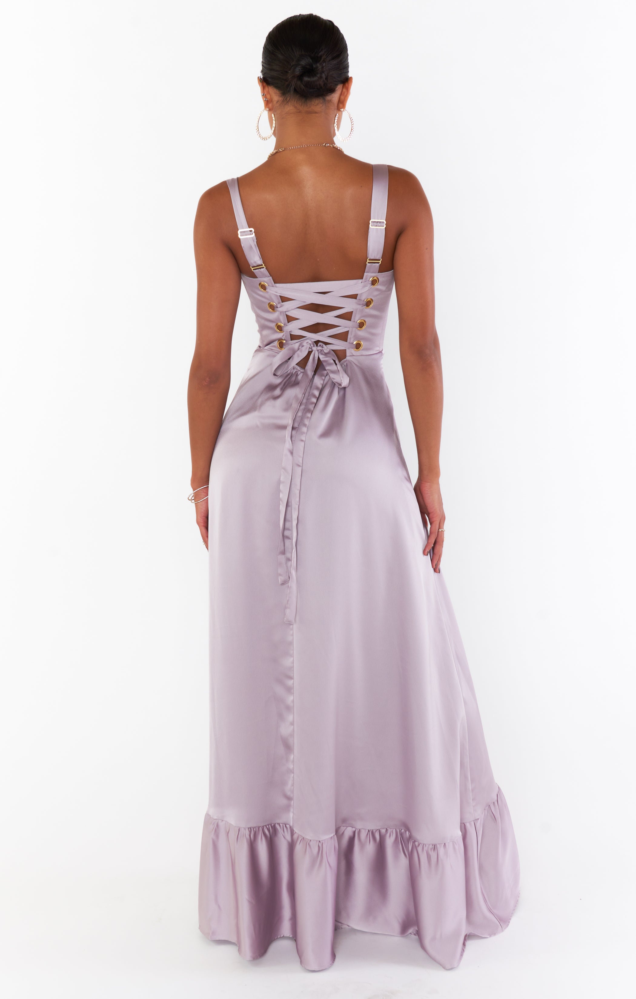 Clarissa Corset Dress in Dusty Purple Luxe Satin with Side Slit