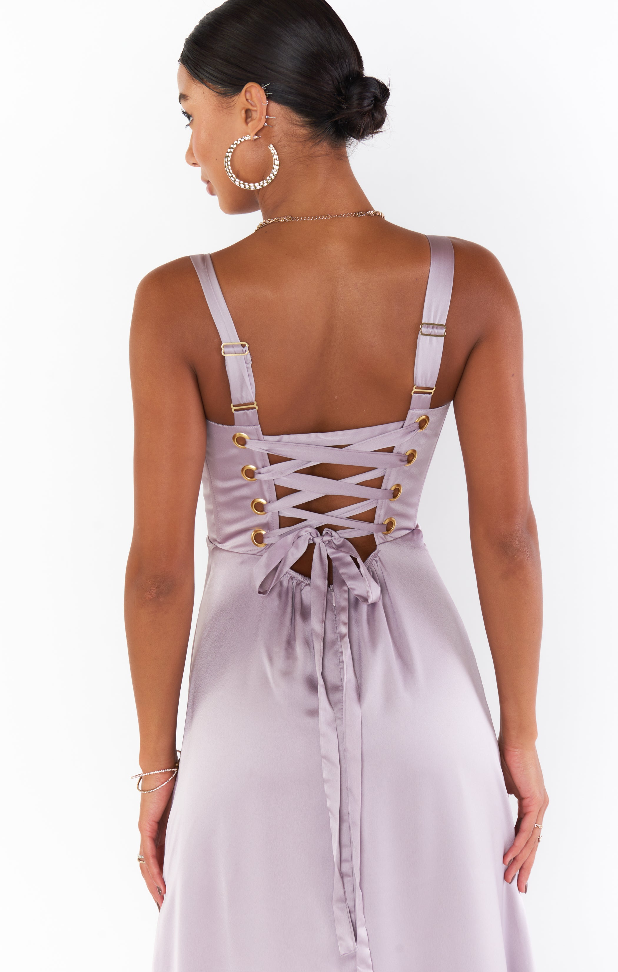 Clarissa Corset Dress in Dusty Purple Luxe Satin with Side Slit