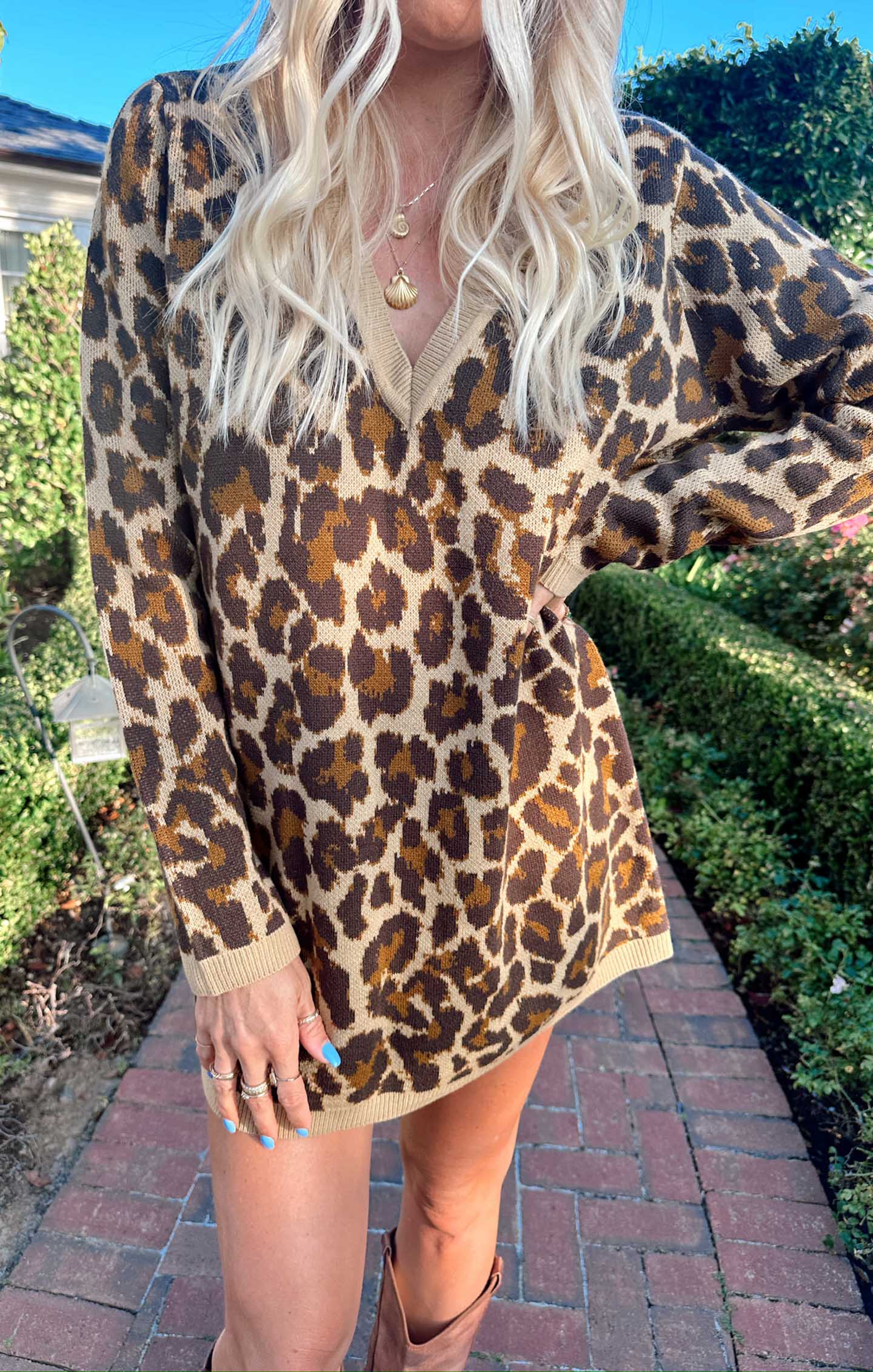 Leopard Knit Sweater Dress - Mini V-Neck Ribbed Design