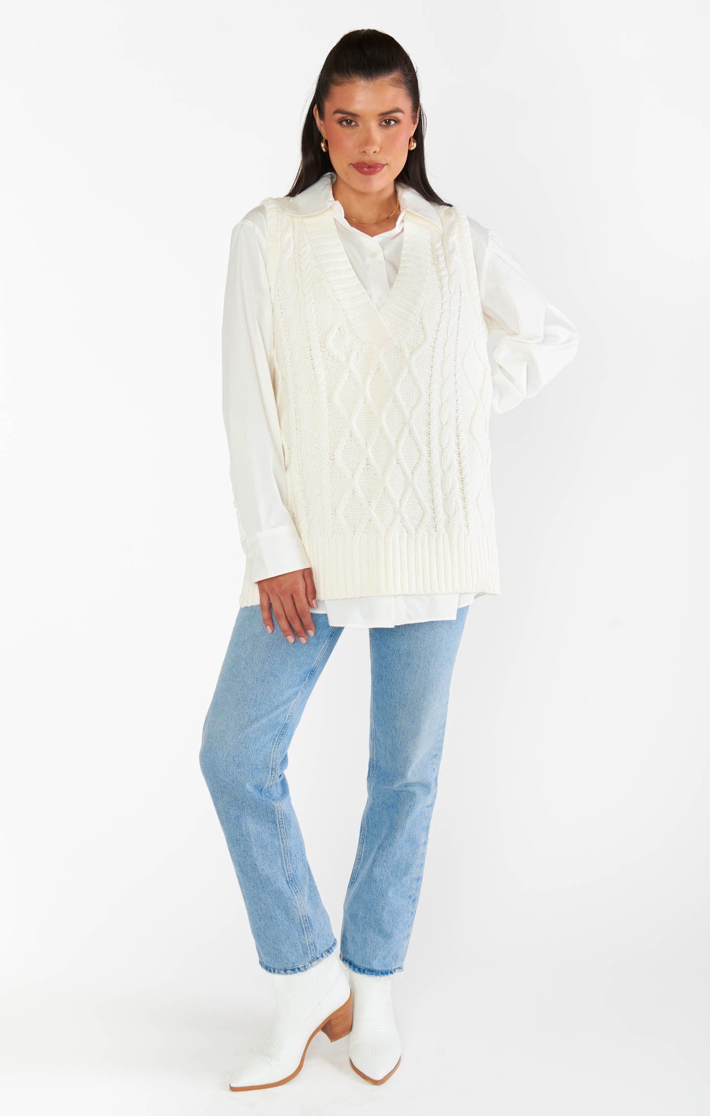 Reid Oversized Cable Knit Sweater Vest in Cream